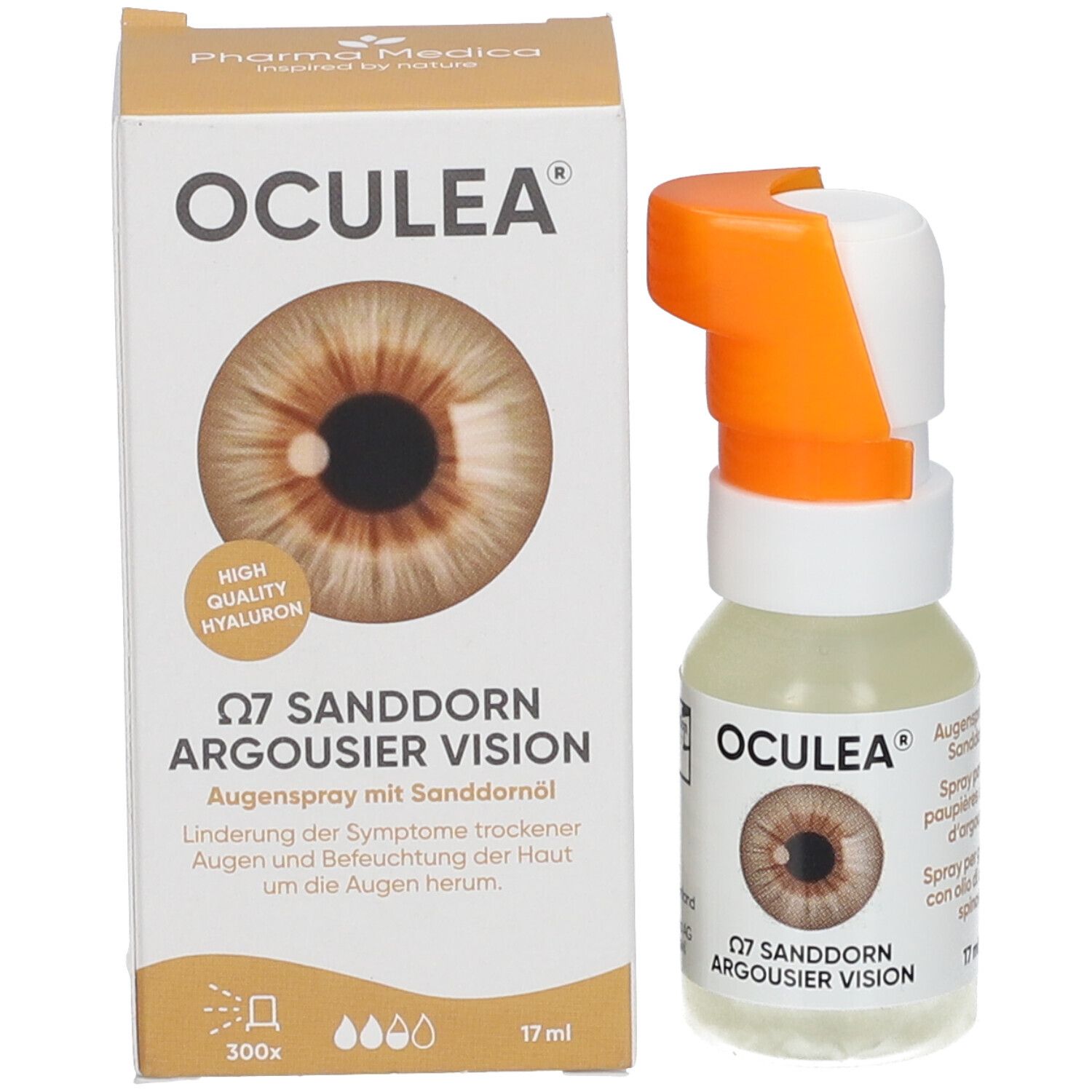 Produktverpackung und Augenspray-Flasche. Aufschrift OCULEA, Abbildung eines Auges. Text: Q7 Sanddorn Argousier Vision, 17 ml.