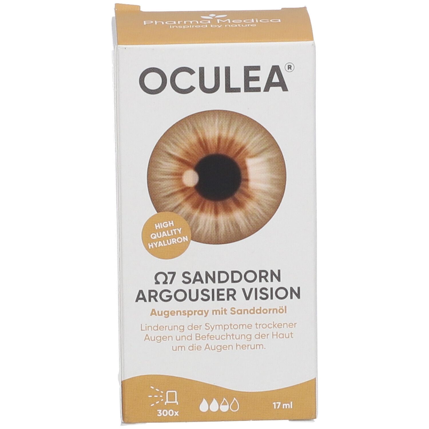 Produktverpackung. Aufschrift OCULEA, Abbildung eines Auges. Text: Q7 Sanddorn Argousier Vision, 17 ml, 300x.