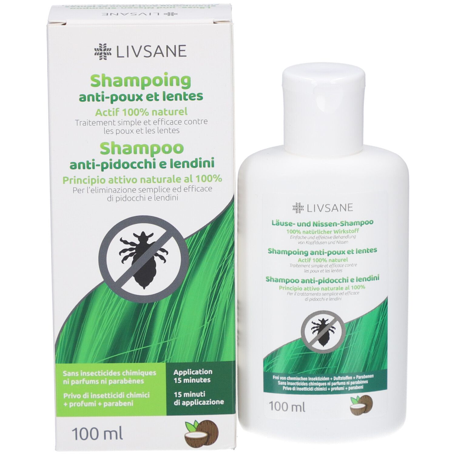 Produktverpackung mit Flasche. Text: Shampoo gegen Läuse und Nissen, 100% natürlich. Abbildung einer Laus. 100 ml.