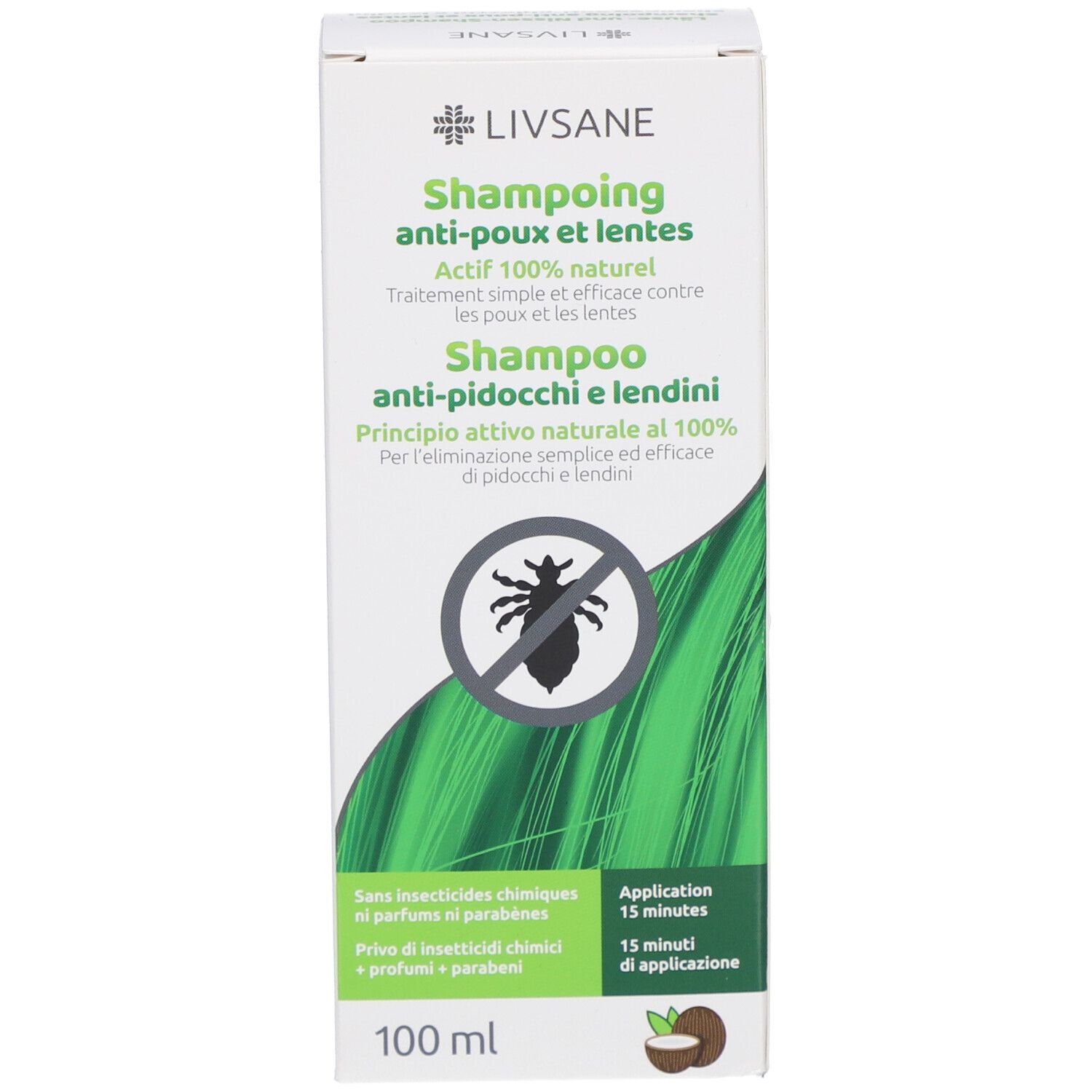 Produktverpackung. Text: Shampoo gegen Läuse und Nissen, 100% natürlich. Abbildung einer Laus. 100 ml. Ohne Insektizide.