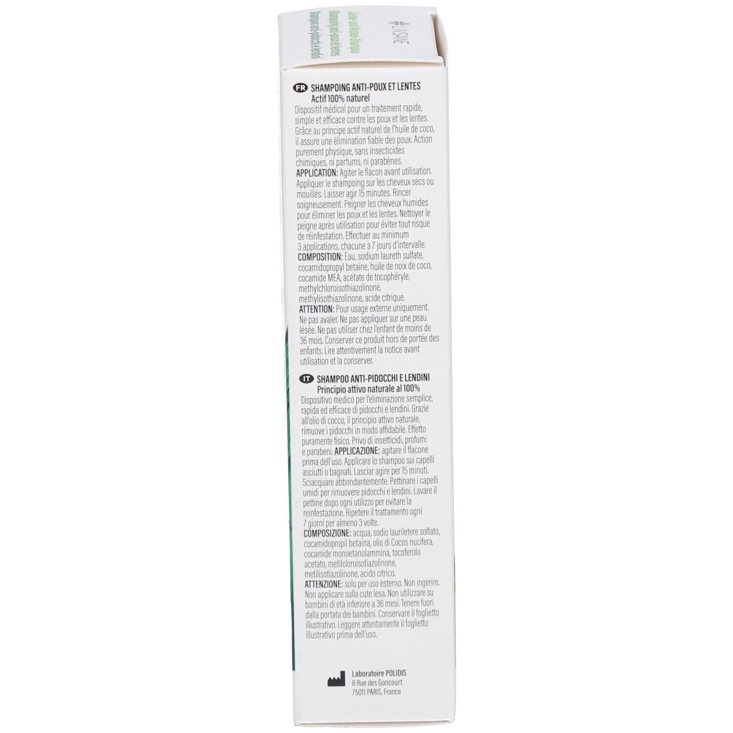 Produktverpackung, Seitenansicht. Text: Shampoo gegen Läuse und Nissen. Anwendungshinweise in mehreren Sprachen.