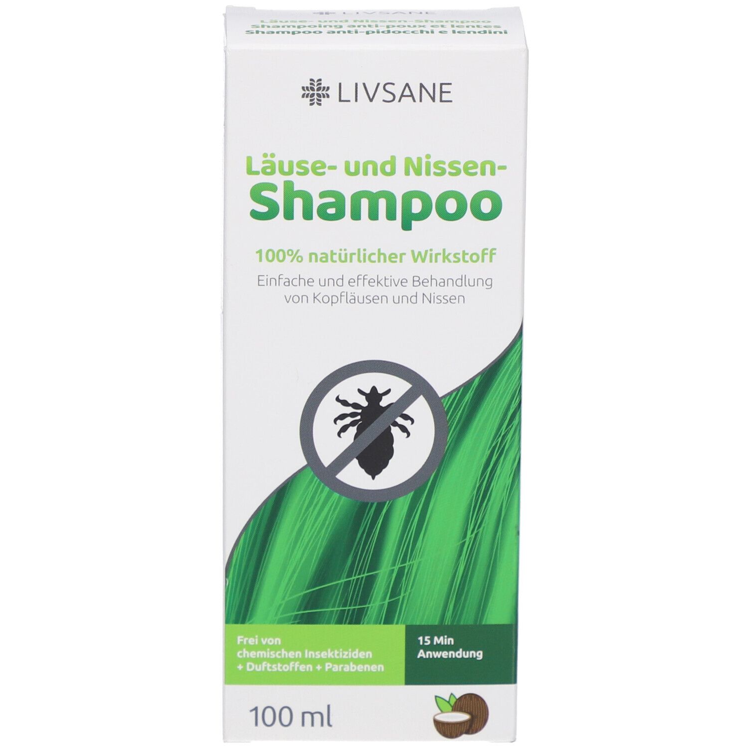 Produktverpackung. Text: Läuse- und Nissen-Shampoo, 100% natürlicher Wirkstoff. Abbildung einer Laus. 100 ml.