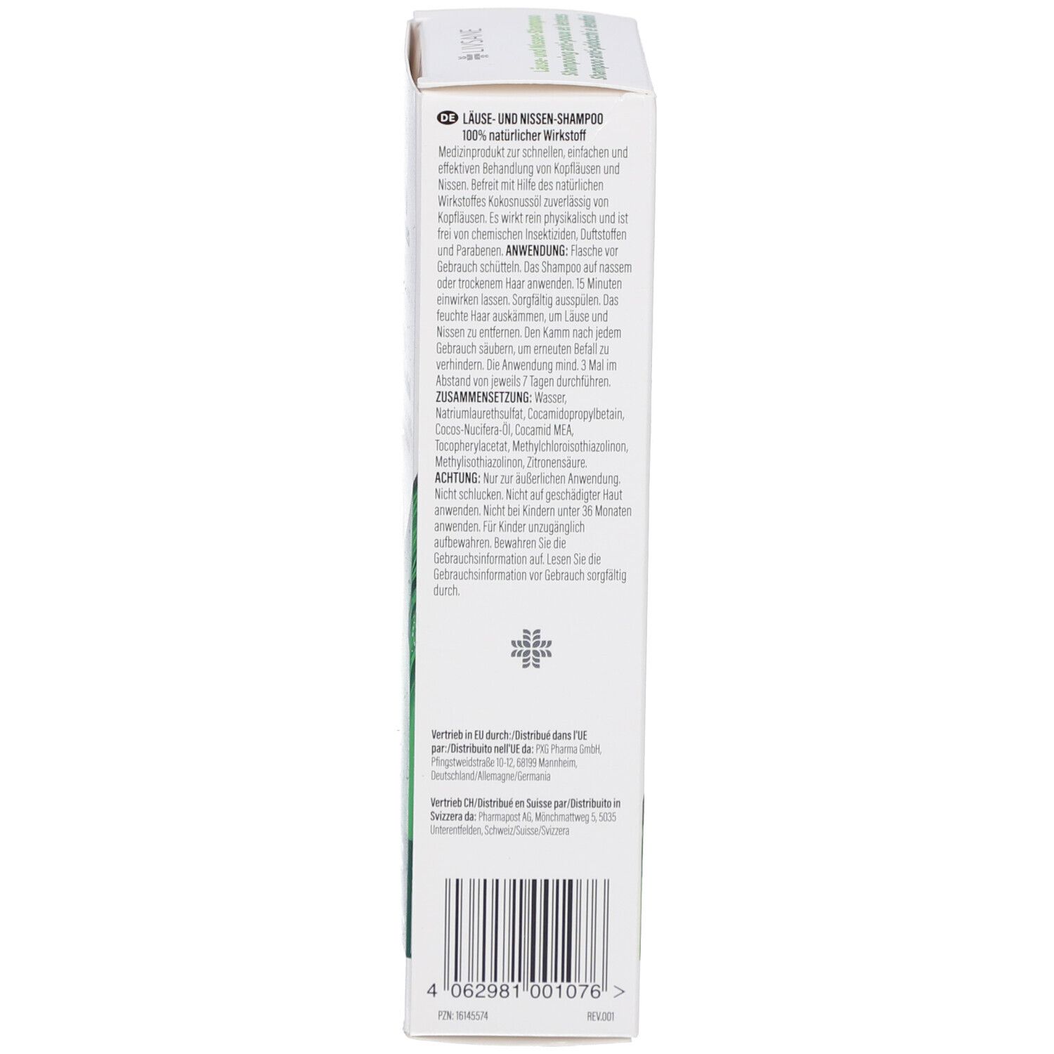 Produktverpackung, Rückseite. Text: Anwendung, Inhaltsstoffe, Warnhinweise. Barcode und Herstellerinformationen.