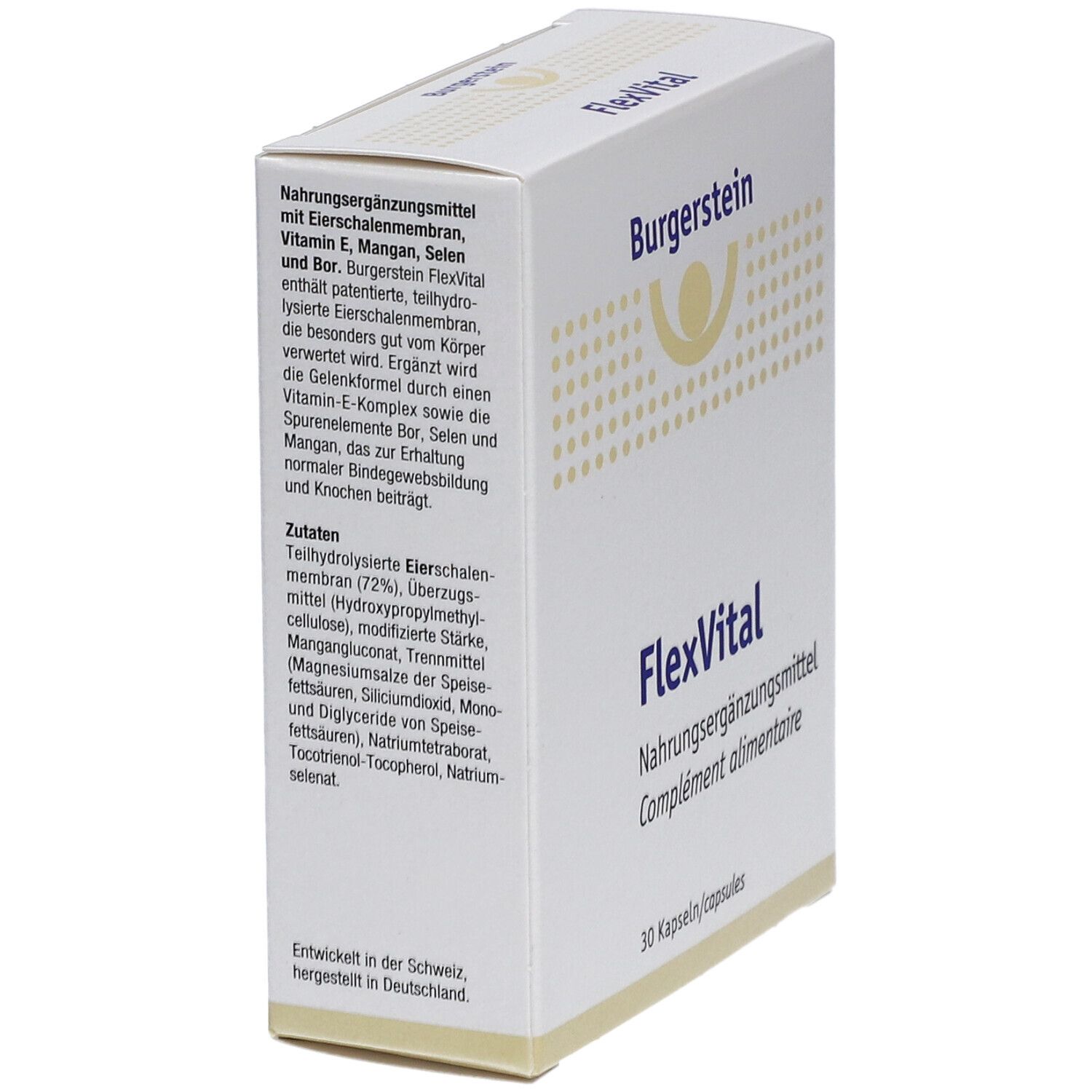 Boîte blanche Burgerstein FlexVital. Texte: Complément alimentaire avec membrane de coquille d'œuf. 30 capsules. Logo Burgerstein.