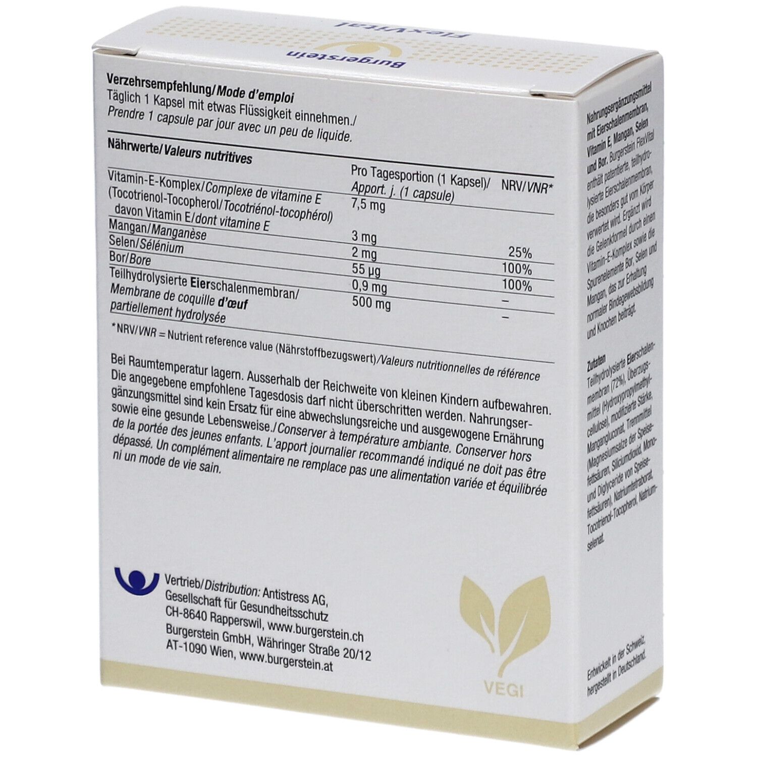 Dos de la boîte blanche Burgerstein FlexVital. Texte: Recommandations, informations nutritionnelles, ingrédients. Logo VEGI.