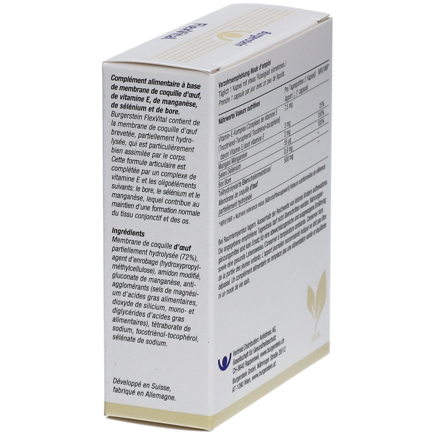 Boîte Burgerstein FlexVital. Texte: Complément alimentaire à base de membrane de coquille d'œuf. Logo VEGI.