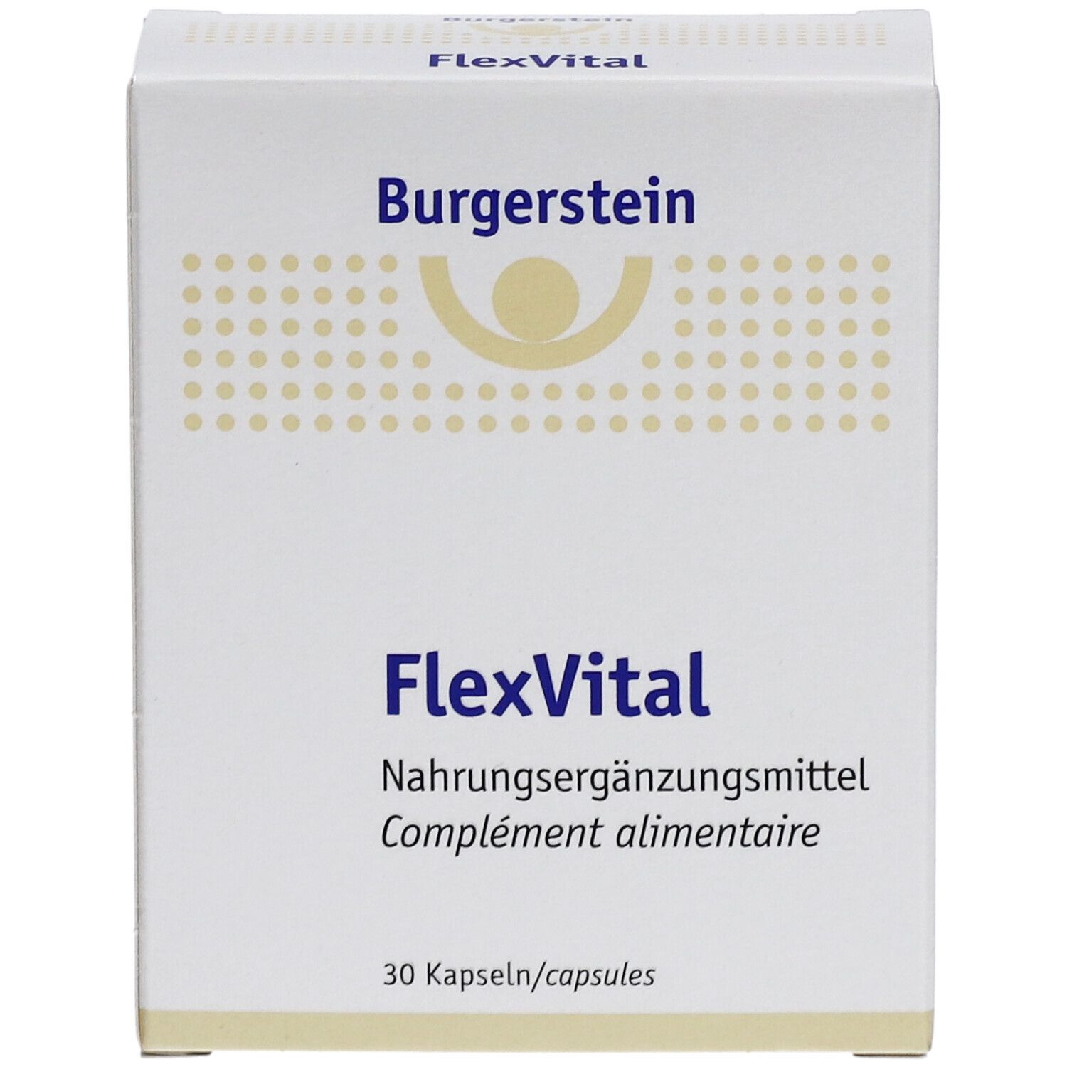 Boîte blanche Burgerstein FlexVital. Inscription FlexVital, complément alimentaire, 30 capsules. Logo.