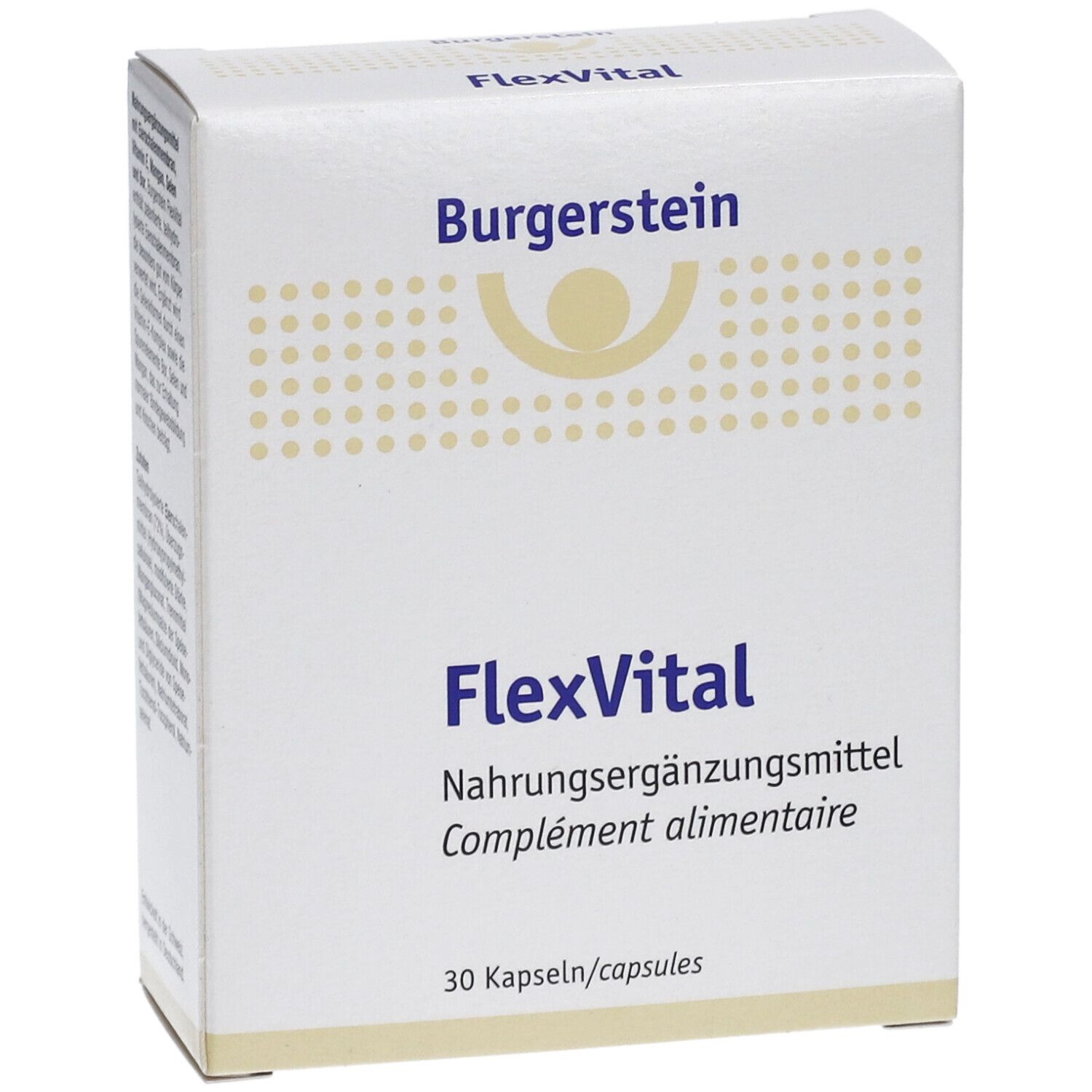 Boîte blanche Burgerstein FlexVital. Inscription FlexVital, complément alimentaire, 30 capsules. Logo.