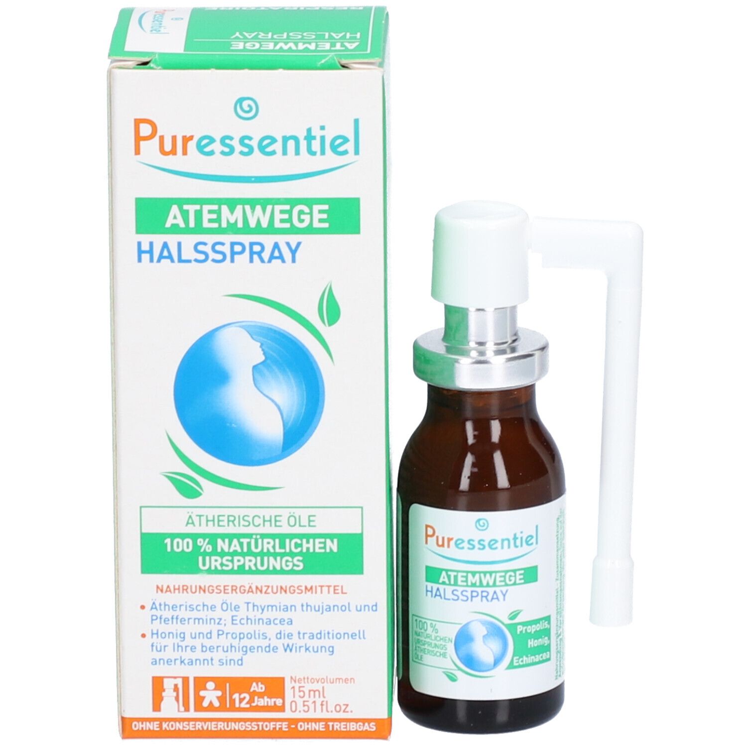 Flacon de produit avec emballage. Flacon brun avec pulvérisateur et applicateur blanc, à côté d'une boîte.