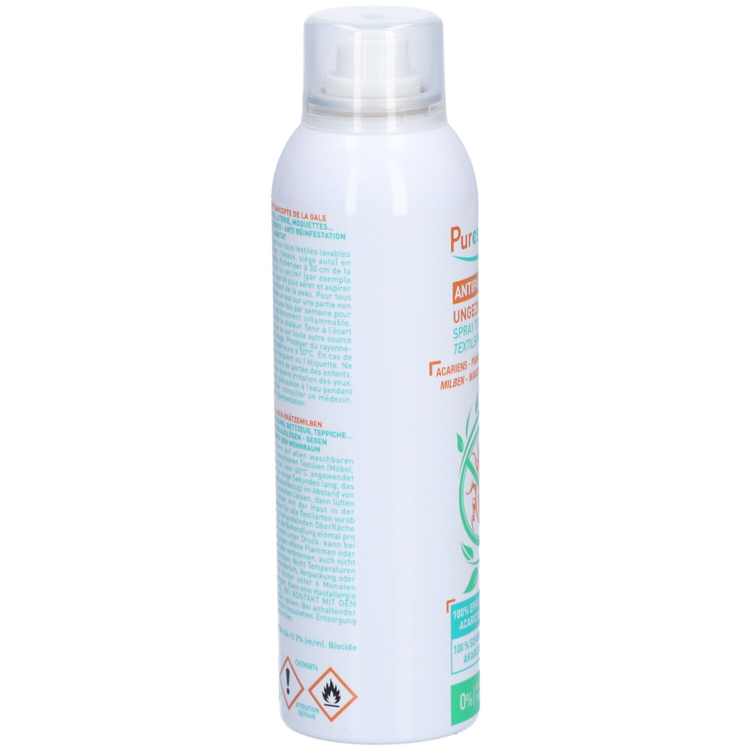 Weiße Sprühflasche, Seitenansicht. Text in Türkis und Orange. Warnhinweise und Piktogramme. Produktname und Logo sind sichtbar.