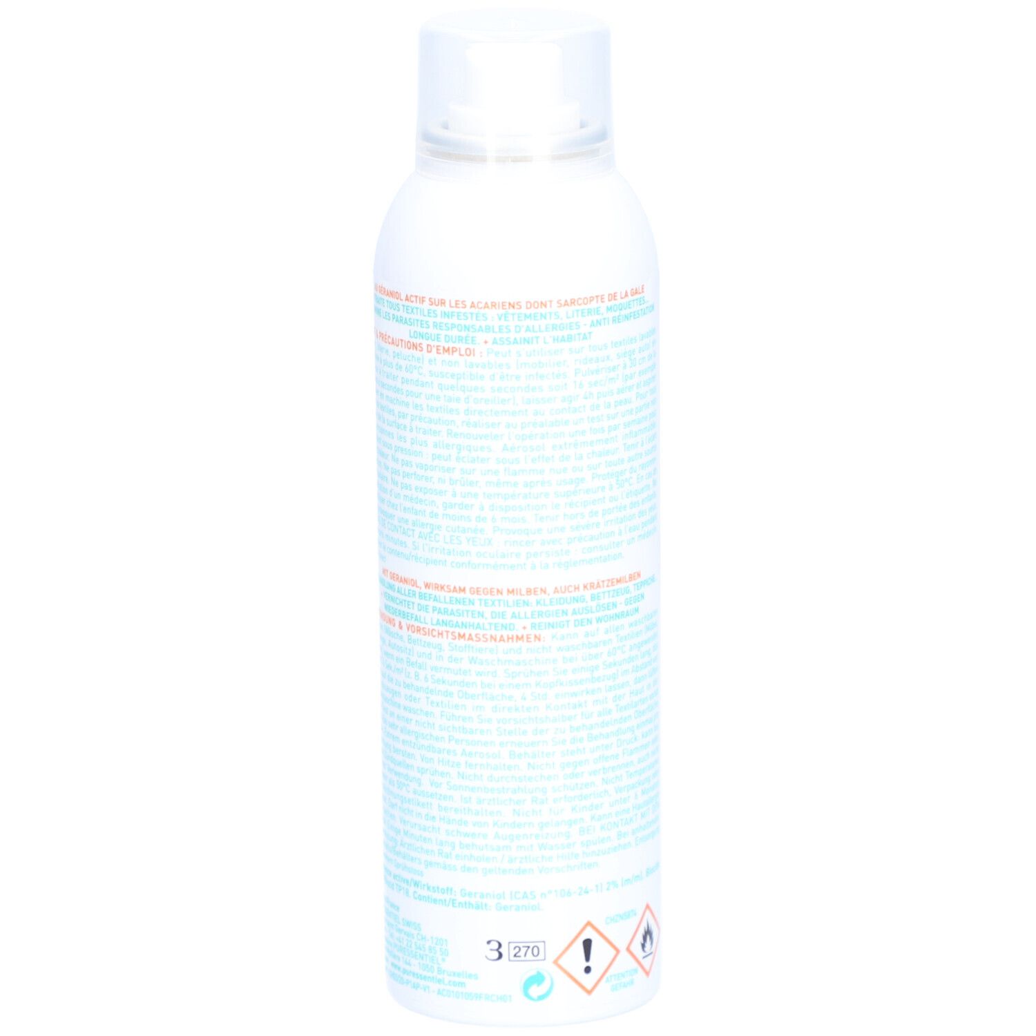 Weiße Sprühflasche, Rückansicht. Text in Türkis. Warnhinweise und Piktogramme. Produktname und Logo sind nicht sichtbar.