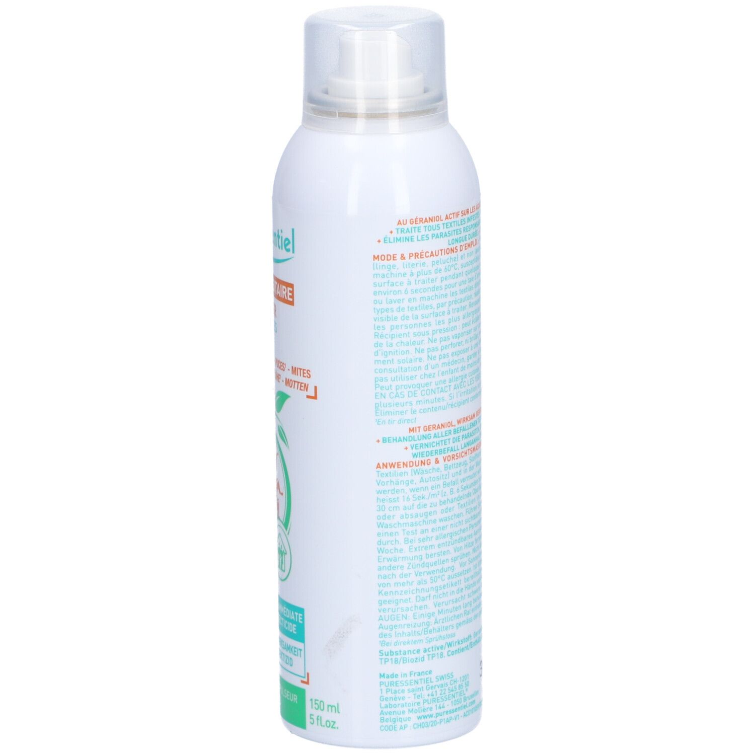 Weiße Sprühflasche, Seitenansicht. Text in Türkis und Orange. Produktname und Logo sind sichtbar. Warnhinweise und Piktogramme.