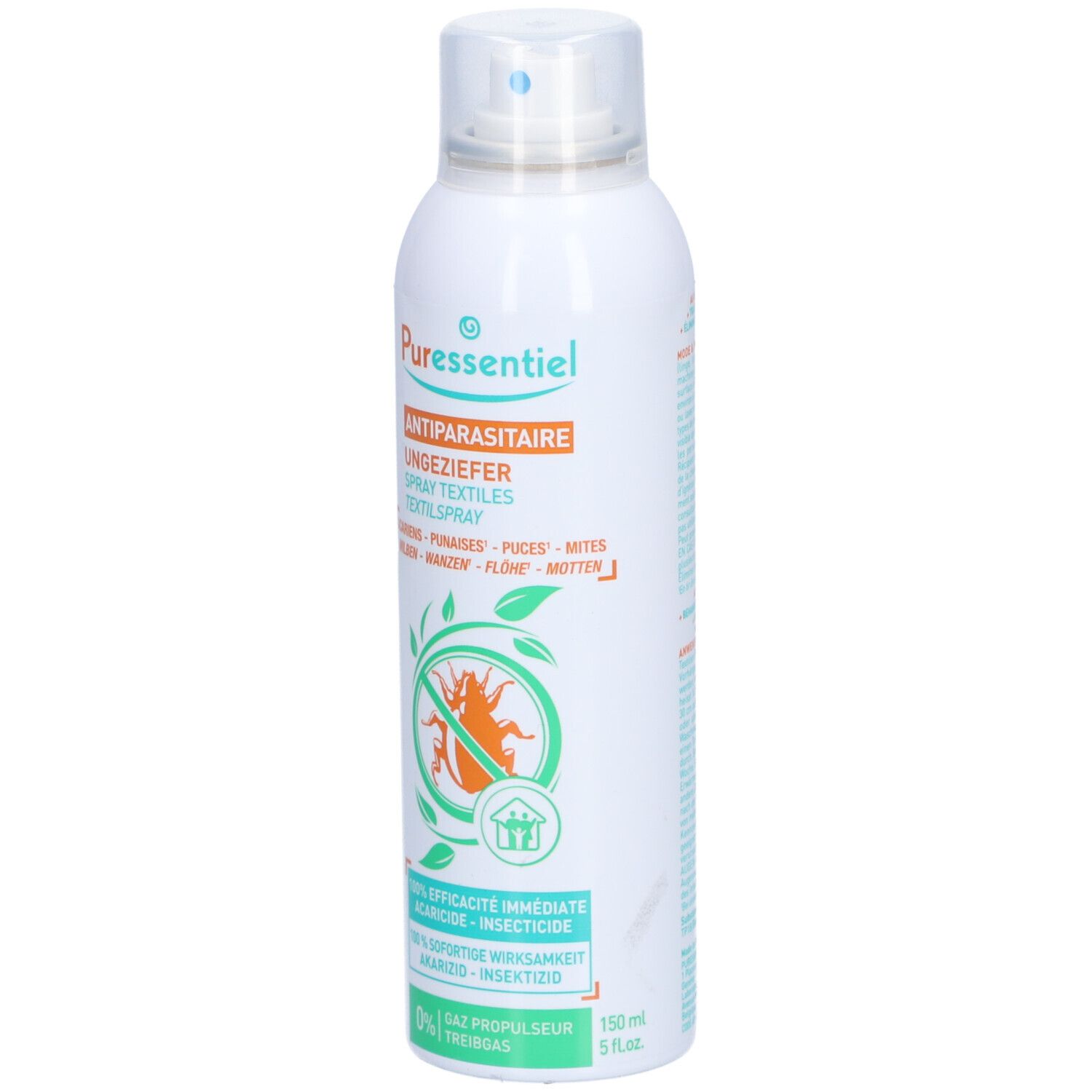 Weiße Sprühflasche mit blauem Sprühkopf. Orangefarbener Schriftzug: Antiparasitaire, Ungeziefer Textilspray. Grünes Logo mit Insekt.