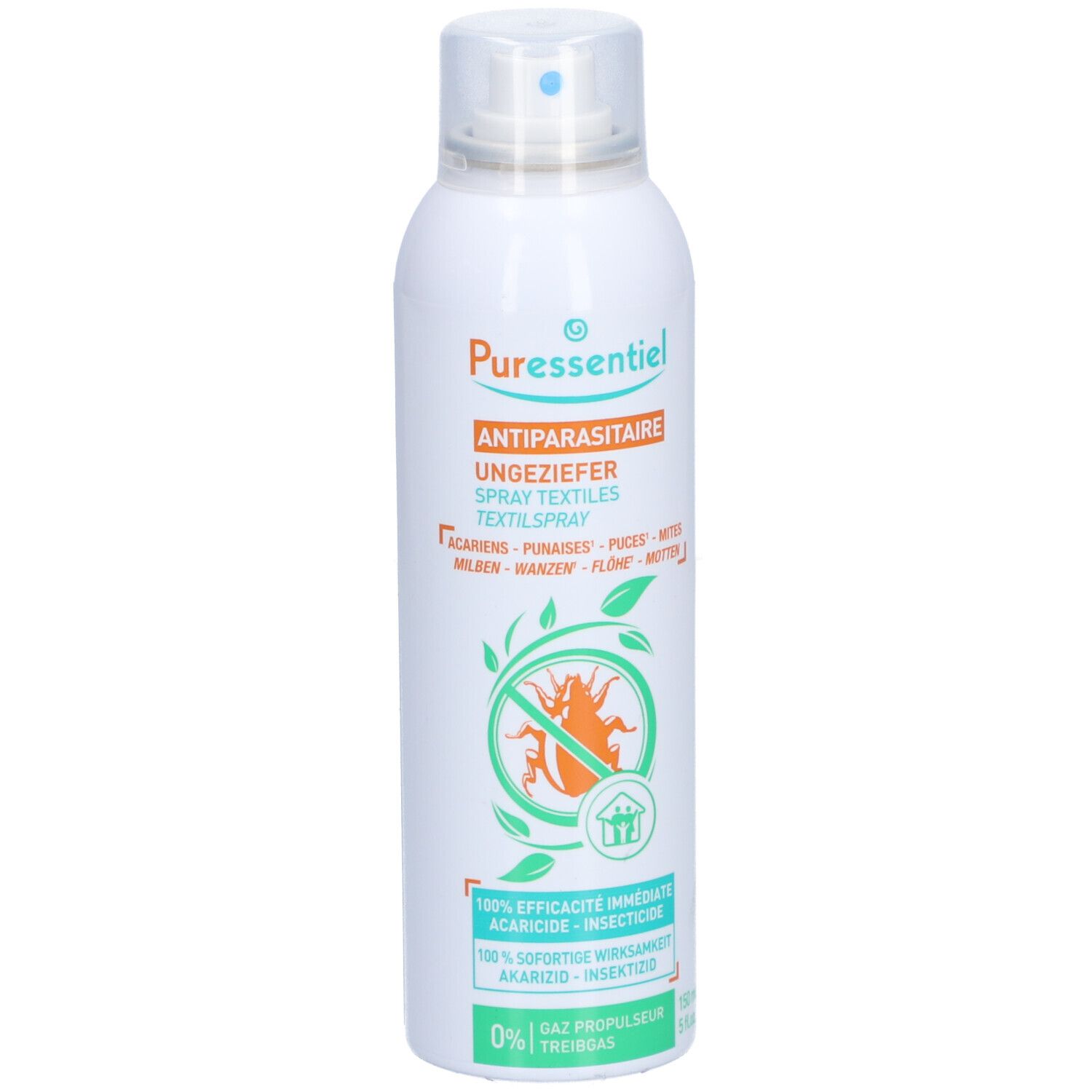Weiße Sprühflasche mit blauem Sprühkopf. Orangefarbener Schriftzug: Antiparasitaire, Ungeziefer Textilspray. Grünes Logo mit Insekt.