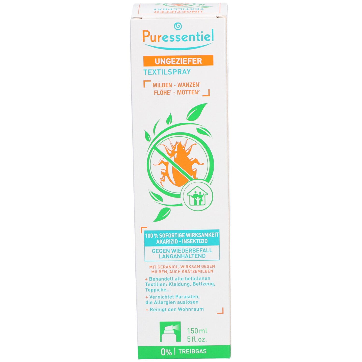 Weiße Schachtel mit orangefarbenem Schriftzug: Ungeziefer Textilspray. Grünes Logo mit Insekt. Produktname und Logo sind sichtbar.