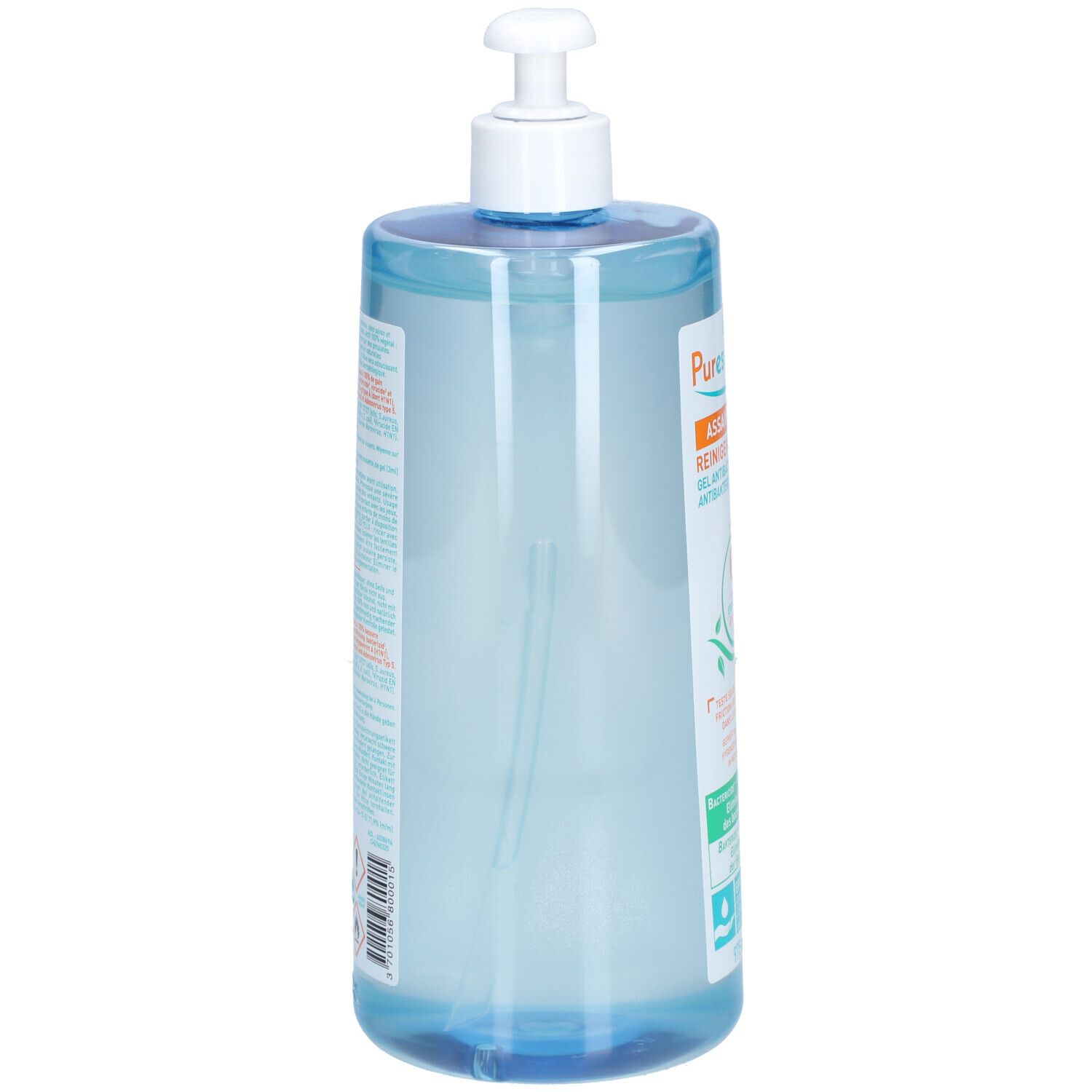Flacon transparent bleu avec pompe blanche. Un long tube transparent est visible sur le côté.