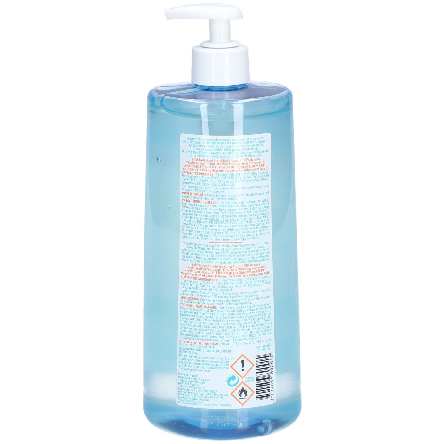 Dos d'un flacon bleu transparent avec pompe blanche. Texte multilingue. Symboles de danger.