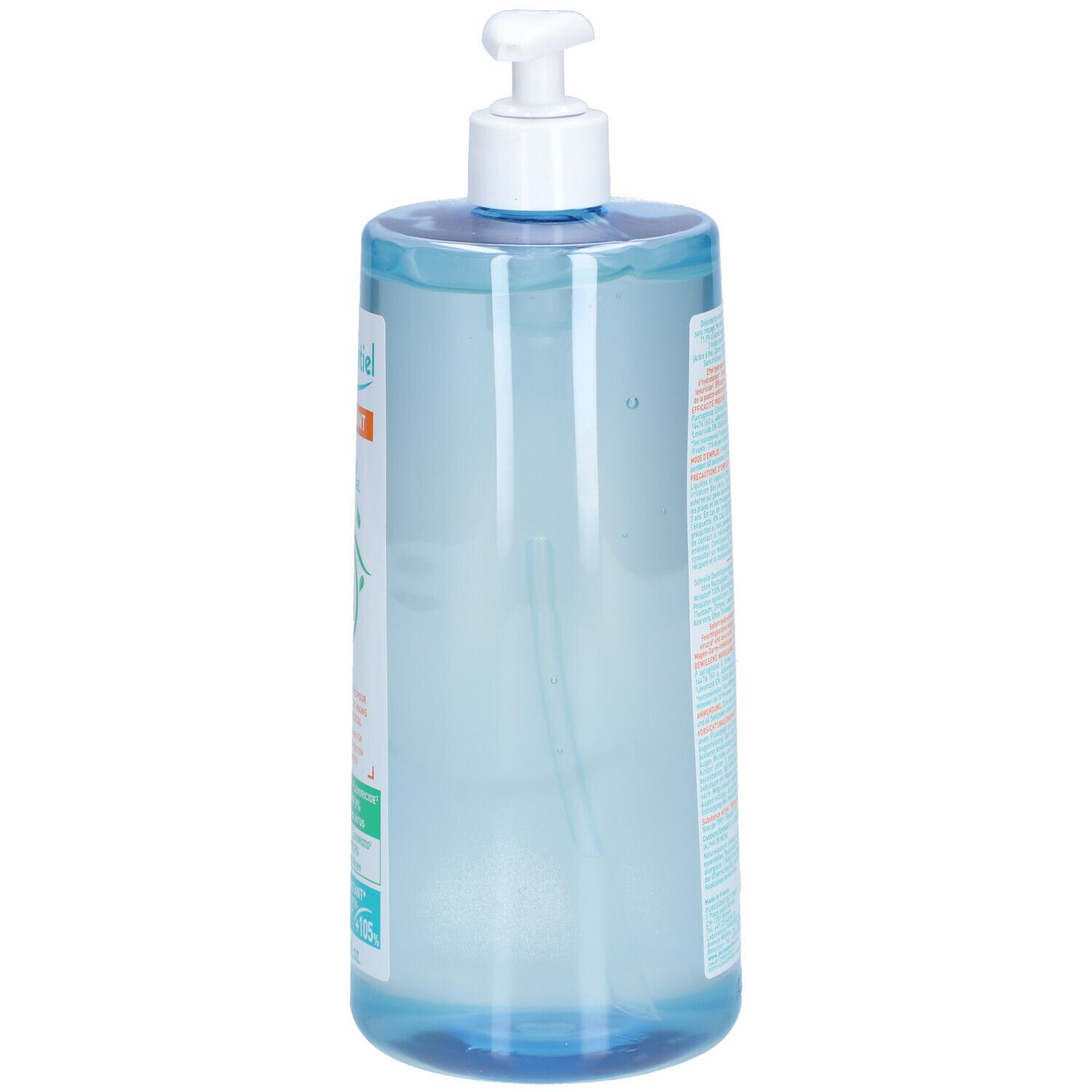 Flacon transparent bleu avec pompe blanche. Un long tube transparent est visible sur le côté.
