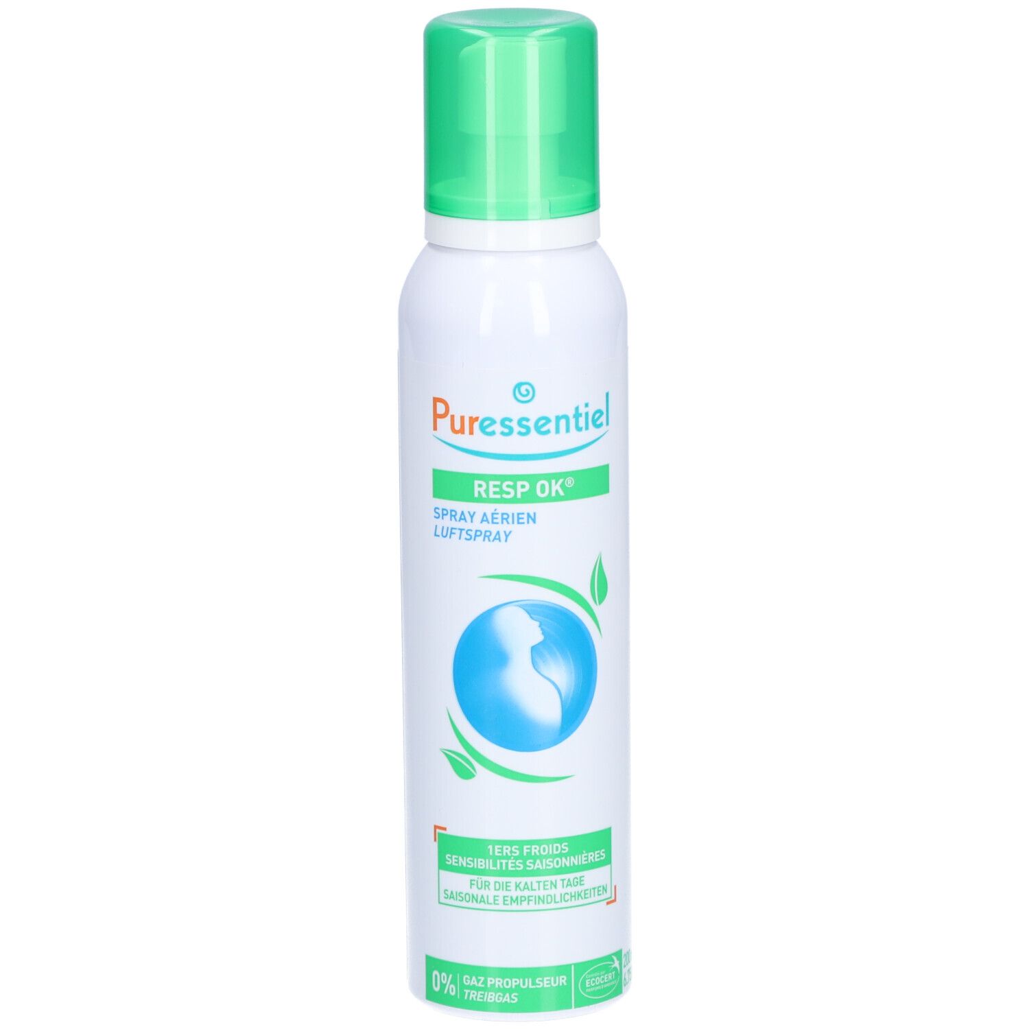 Spray blanc et vert. Inscription: PURESSENTIEL RESP OK Spray aérien Luftspray. Illustration: Globe avec feuilles.