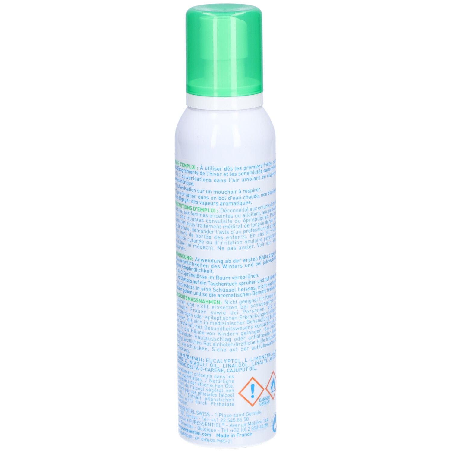 Spray blanc et vert. Verso avec texte. Symboles de danger et pays d'origine.