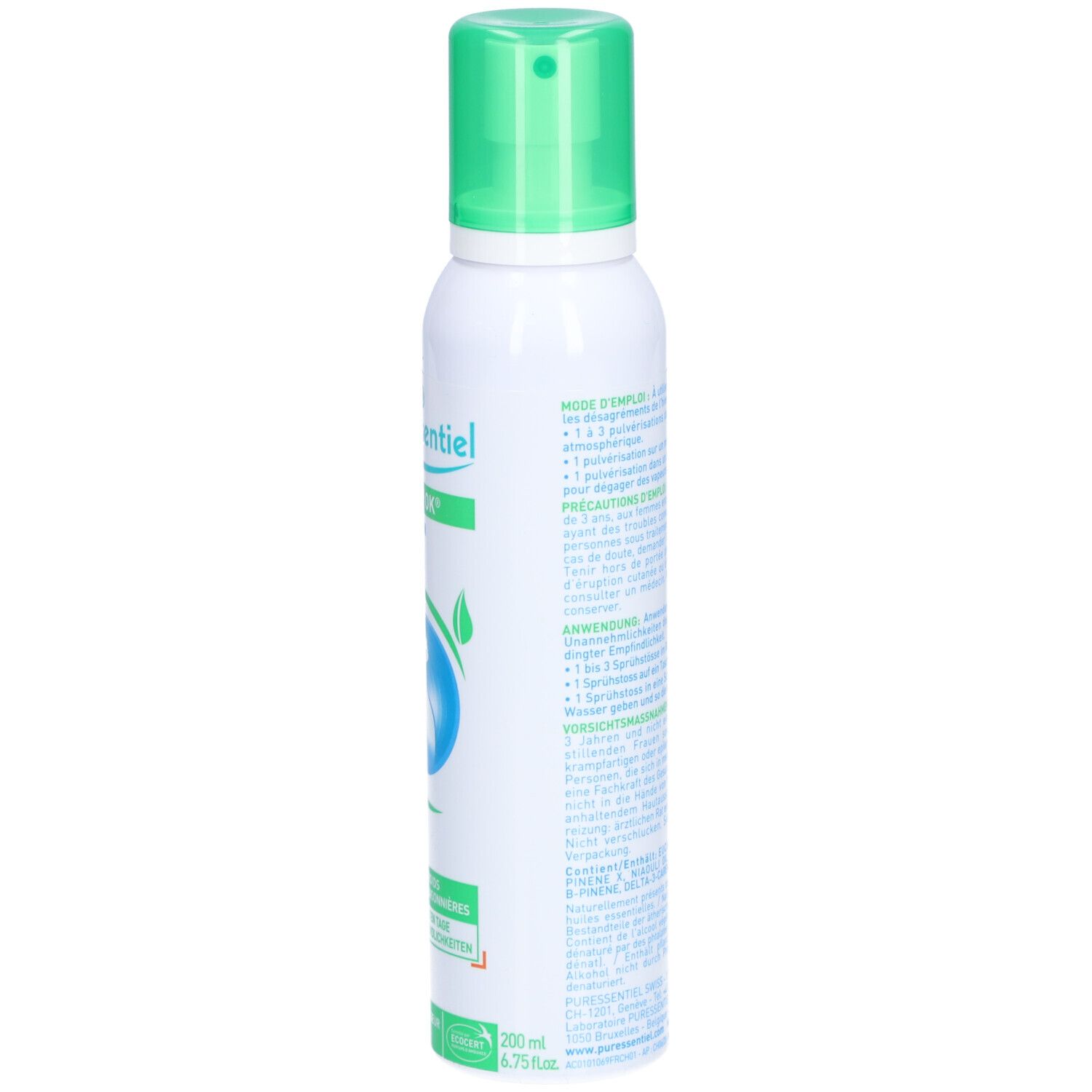 Spray blanc et vert. Verso avec texte. Instructions de dosage. Indication de volume.