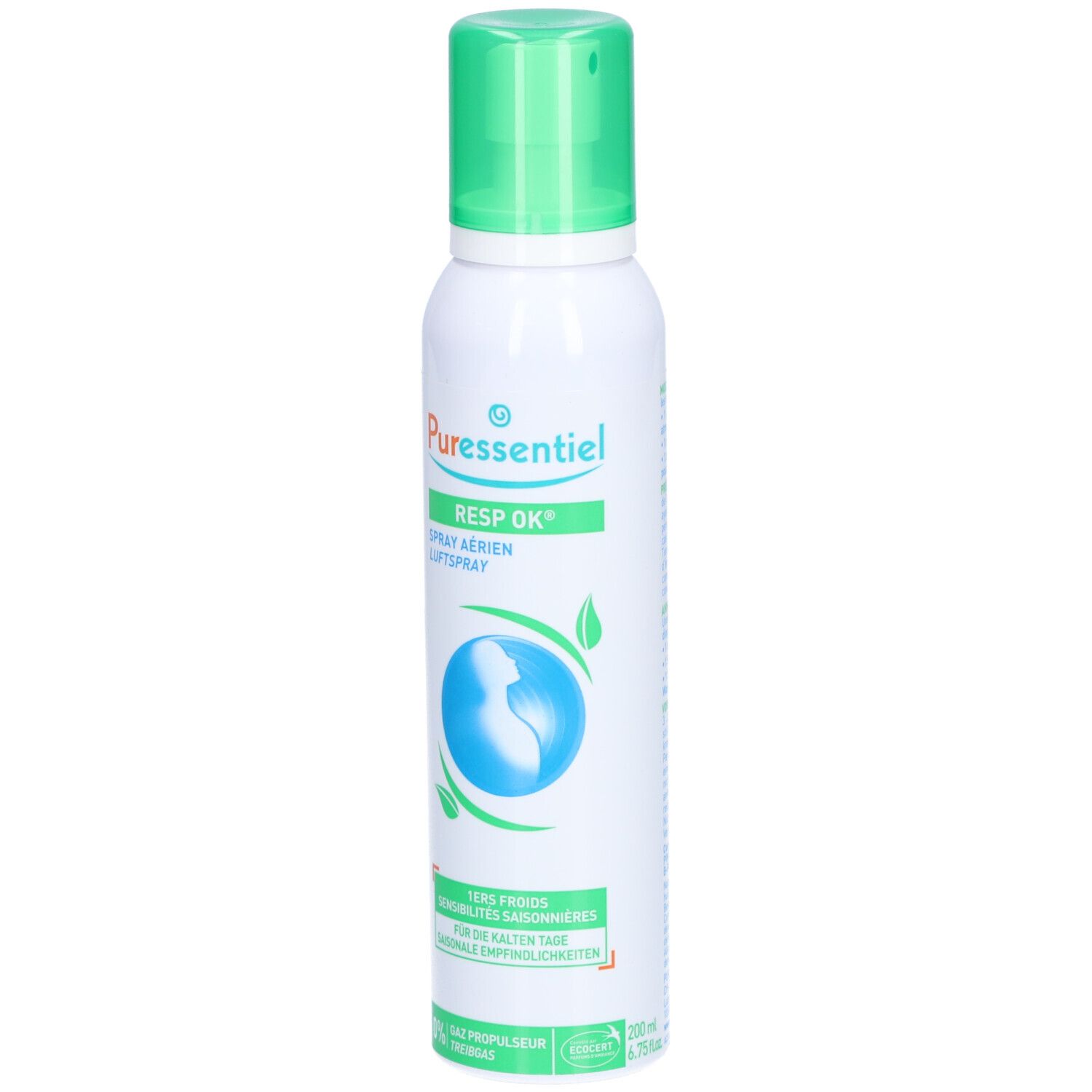 Spray blanc et vert. Inscription: PURESSENTIEL RESP OK Spray aérien Luftspray. Illustration: Globe avec feuilles.