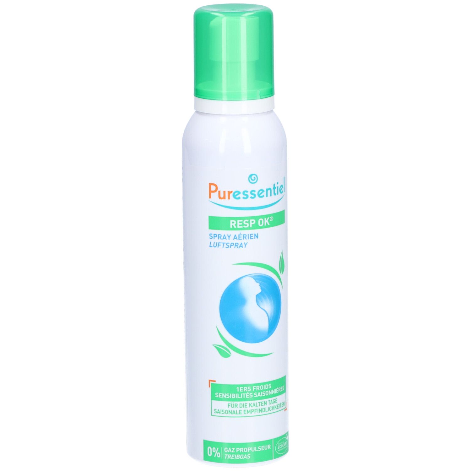 Spray blanc et vert. Inscription: PURESSENTIEL RESP OK Spray aérien Luftspray. Illustration: Globe avec feuilles.