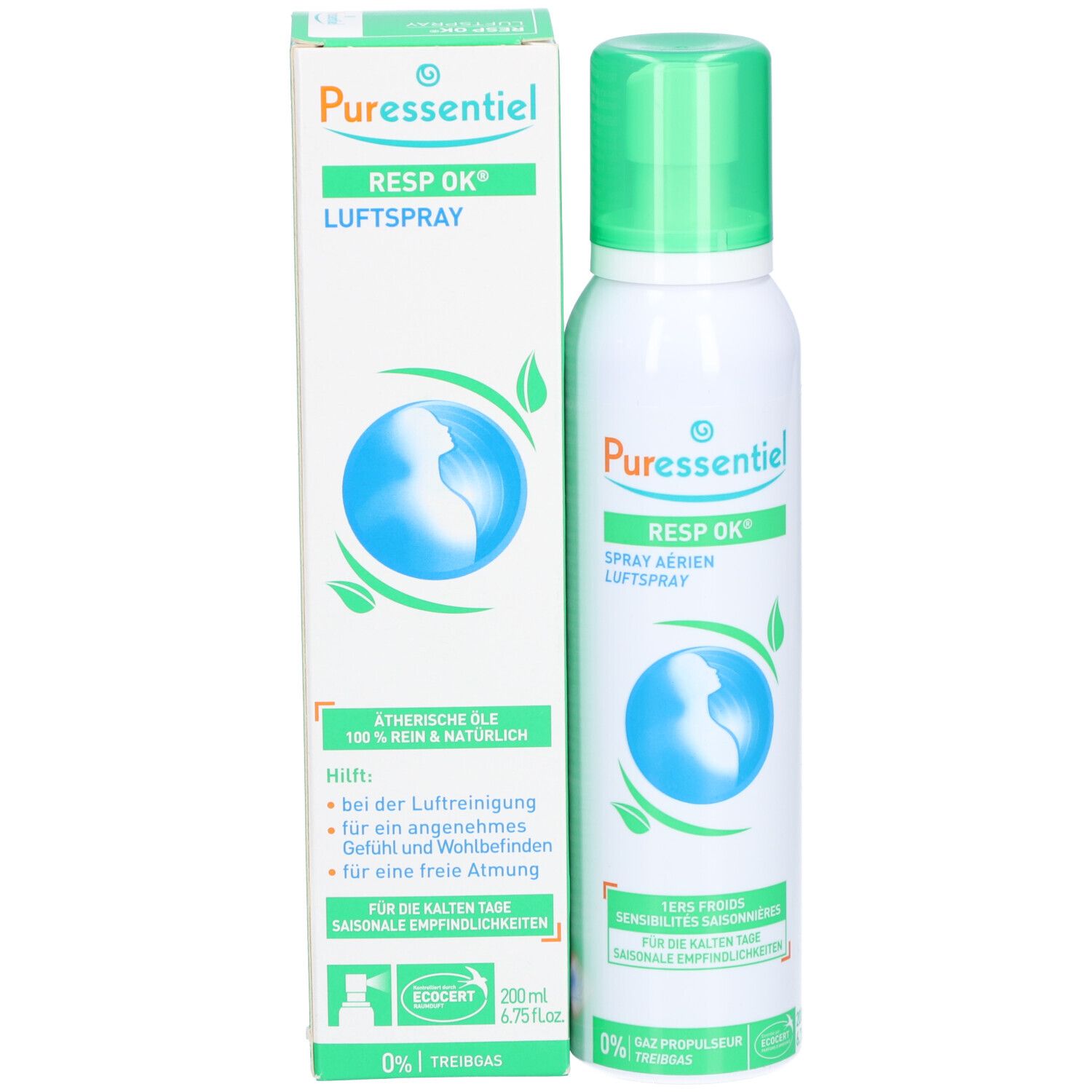 Spray et emballage. Spray blanc et vert. Inscription: PURESSENTIEL RESP OK Luftspray. Boîte avec texte.