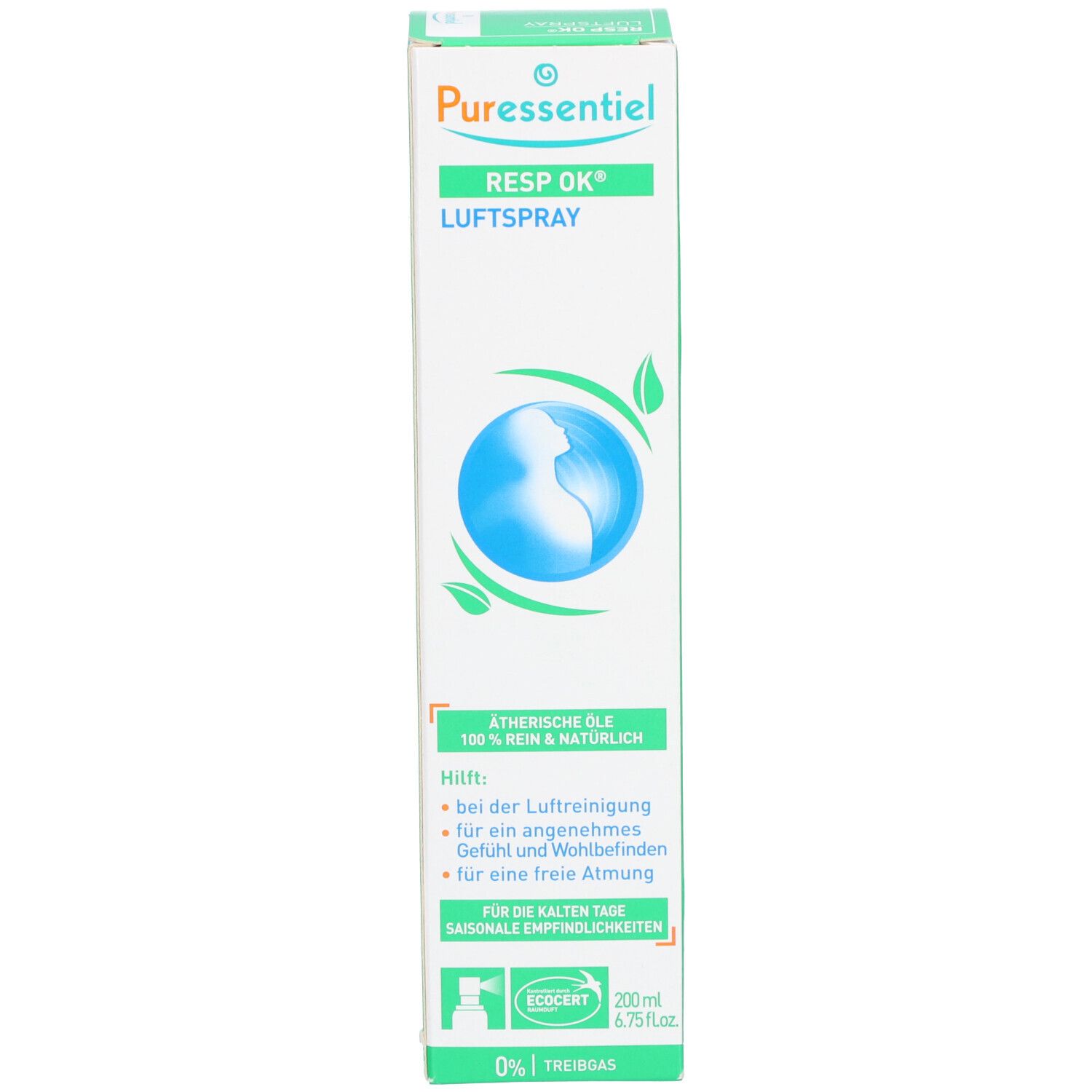 Boîte. Inscription: PURESSENTIEL RESP OK Luftspray. Illustration: Globe avec feuilles. Texte et logos.