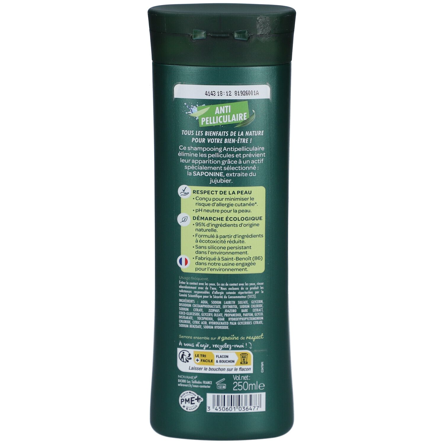 Dos du flacon de shampooing vert. Texte: Anti-pelliculaire, Demarche Ecologique, 95% d'origine naturelle, pH neutre.