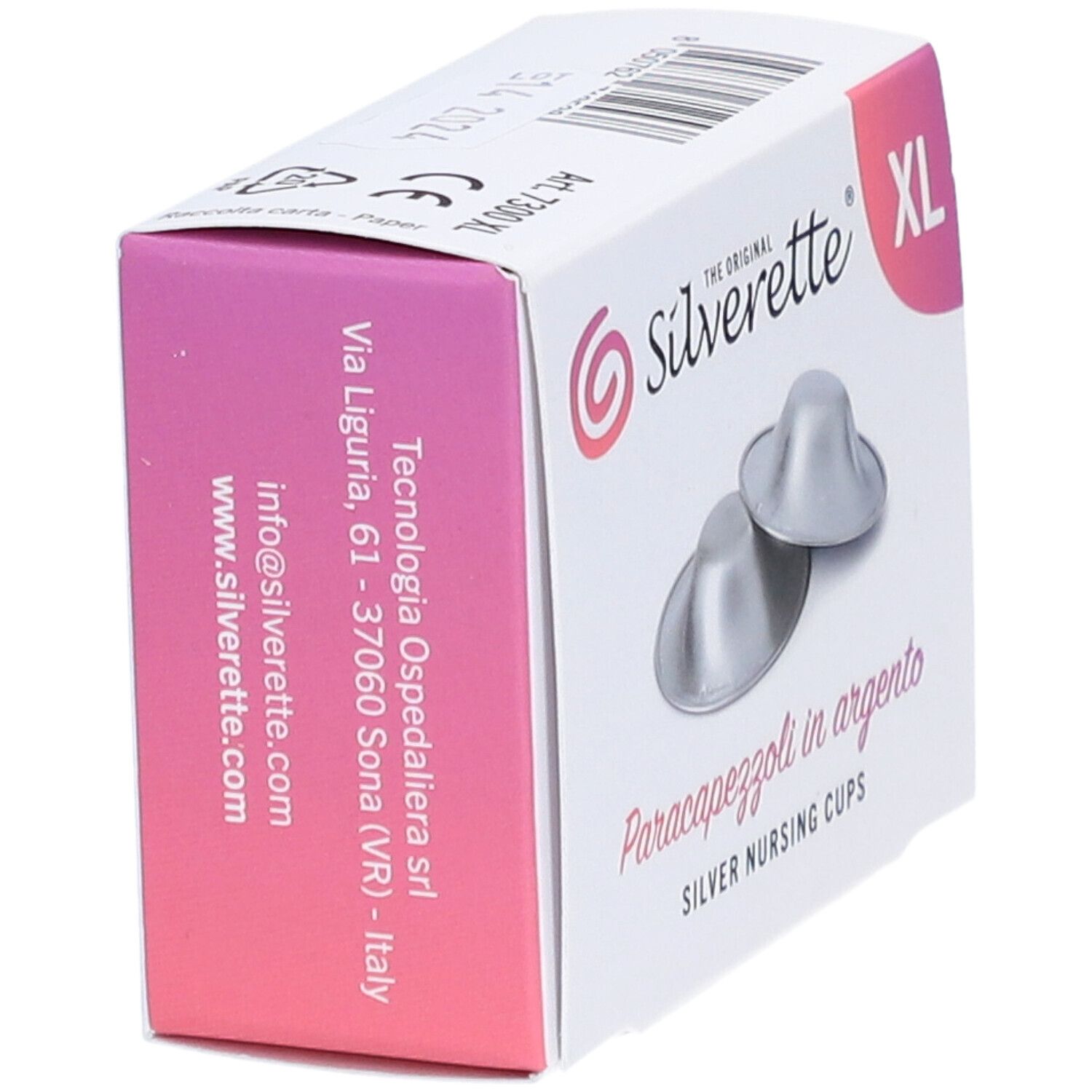Seitenansicht der Verpackung. Aufschrift: Silverette, Paracapezzoli in argento, Silver Nursing Cups. Kontaktinformationen und Logo.