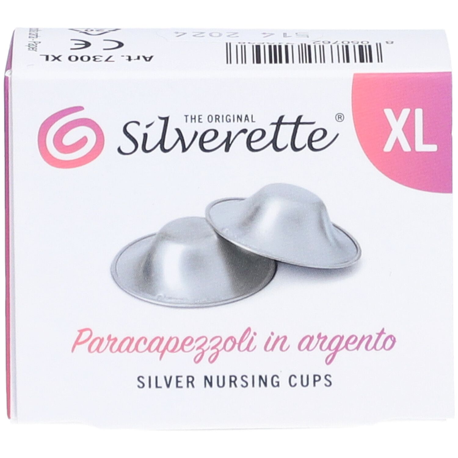 Verpackung mit zwei silbernen Still-Silberhütchen XL. Aufschrift: Silverette, Paracapezzoli in argento, Silver Nursing Cups.