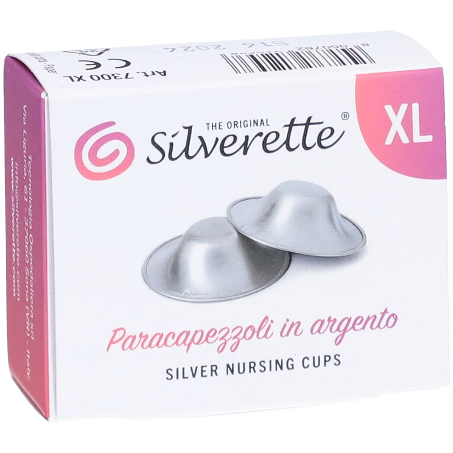 Verpackung mit zwei silbernen Still-Silberhütchen XL. Aufschrift: Silverette, Paracapezzoli in argento, Silver Nursing Cups.