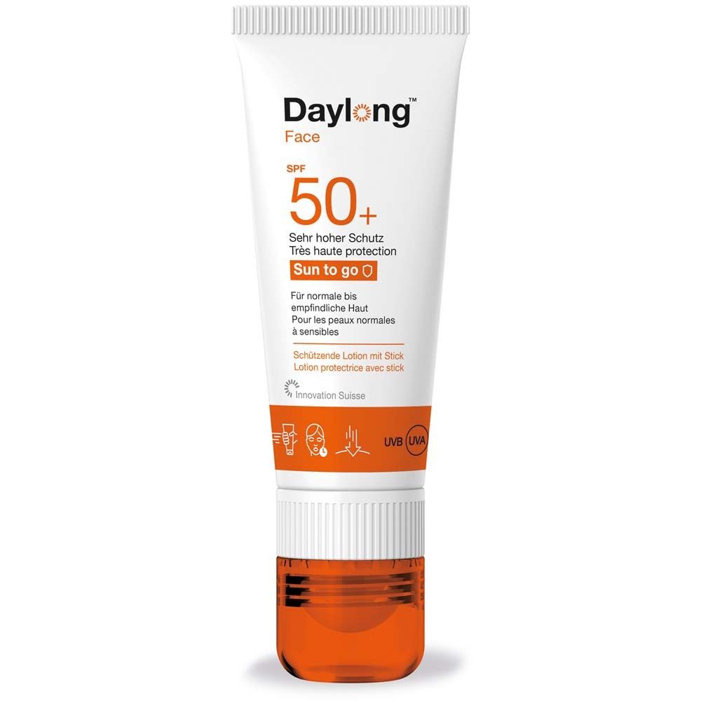 Tube blanc et orange. Texte: Daylong Face SPF 50+. Sun to go. Pour peaux normales à sensibles.