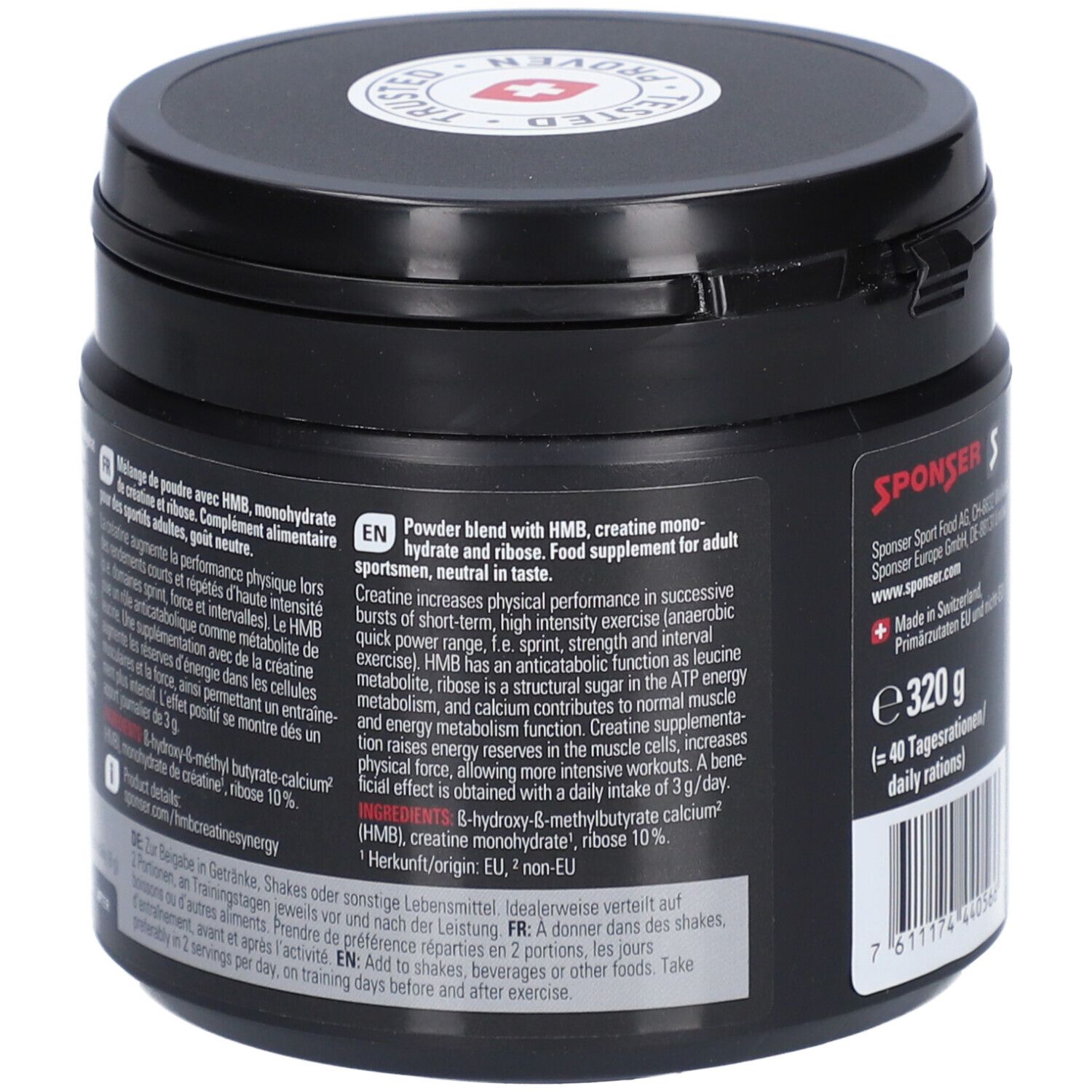 Schwarze Dose mit weißer Schrift. Enthält Informationen zu HMB & Creatine Synergy. Inhaltsstoffe, Anwendungshinweise und Nährwertangaben.