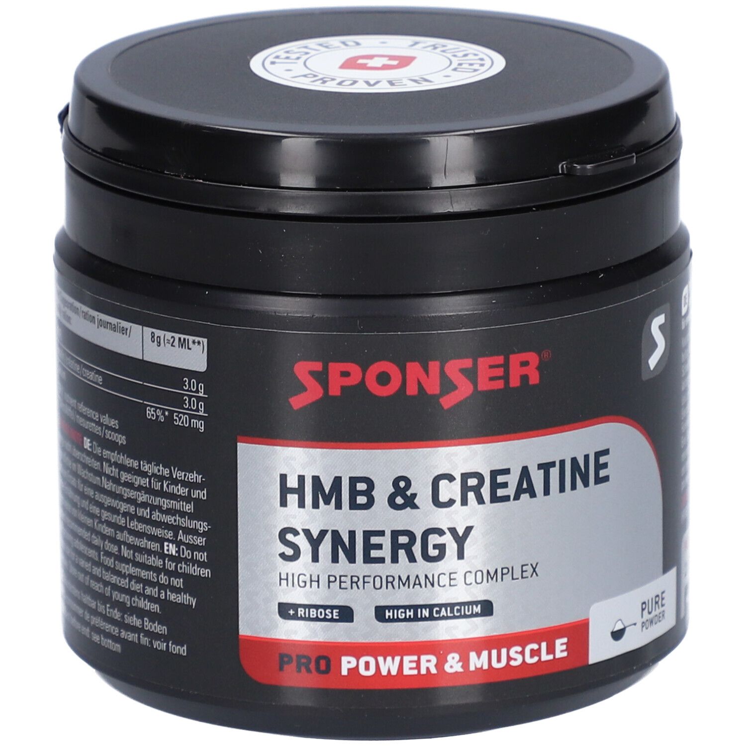 Schwarze Dose mit roter und weißer Aufschrift. Enthält HMB & Creatine Synergy. Mit Ribose und hohem Calciumgehalt. Pro Power & Muscle.