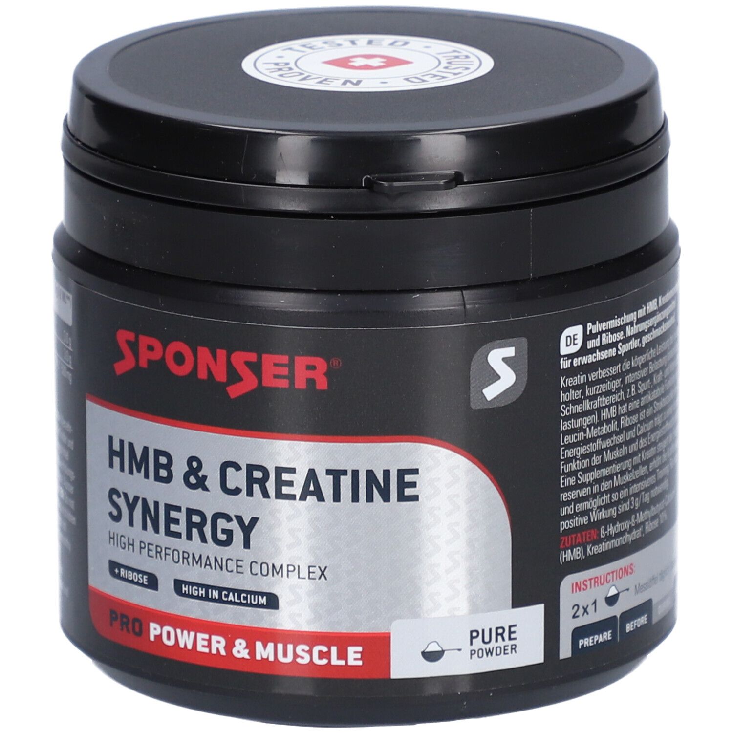 Schwarze Dose mit roter und weißer Aufschrift. Enthält HMB & Creatine Synergy. Mit Ribose und hohem Calciumgehalt. Pro Power & Muscle.