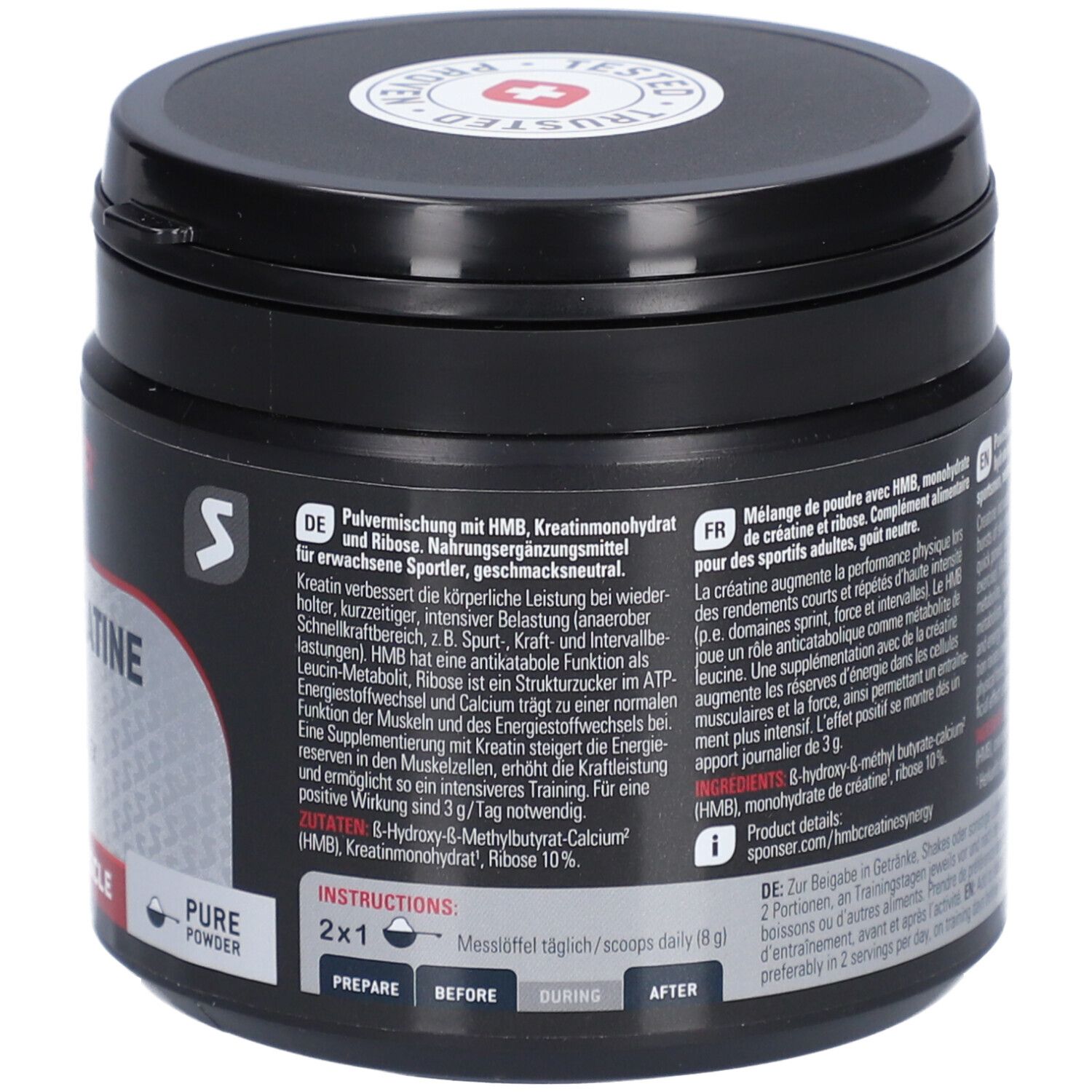 Schwarze Dose mit weißer Schrift. Enthält Informationen zu HMB & Creatine Synergy. 2x1 Dosierung. Anwendungshinweise: Vor, während und nach.