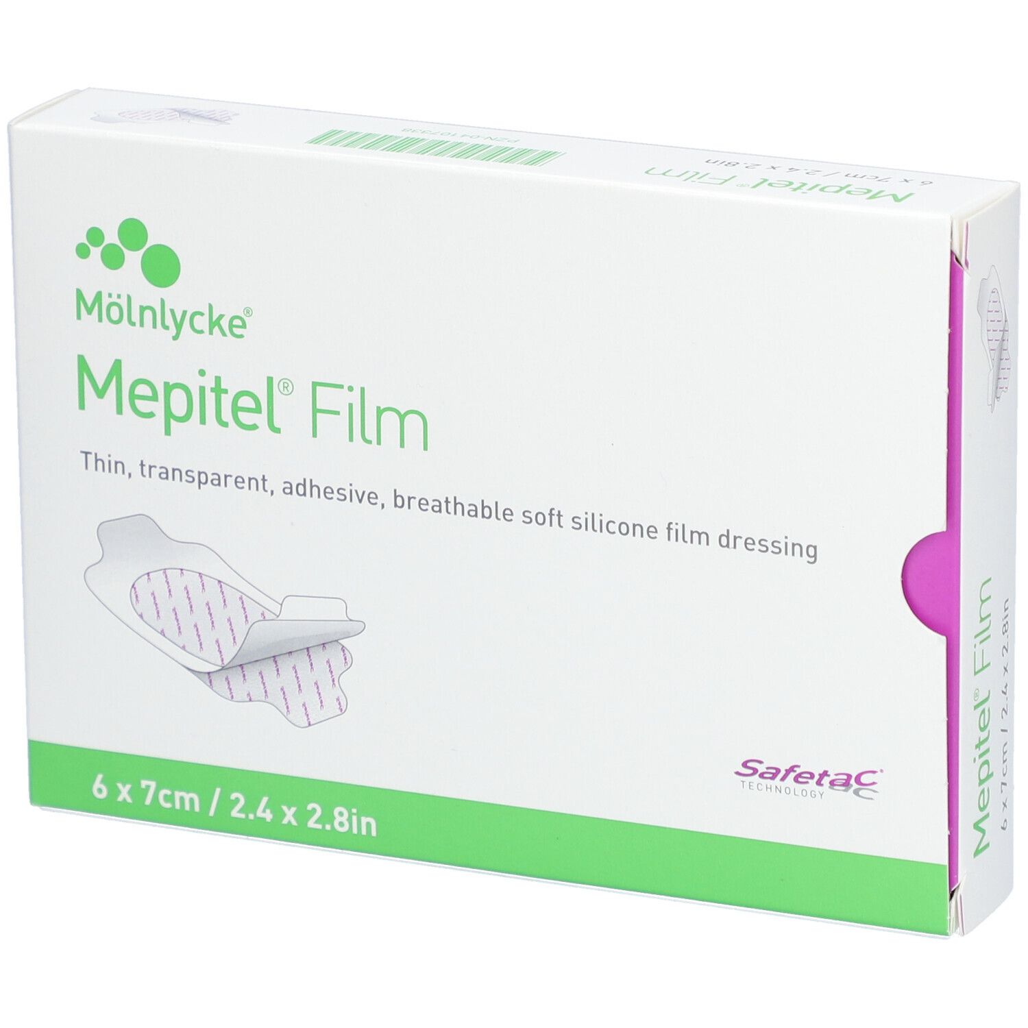 Boîte de Mepitel Film. Pansement film 6x7cm. Marque et nom du produit visibles.