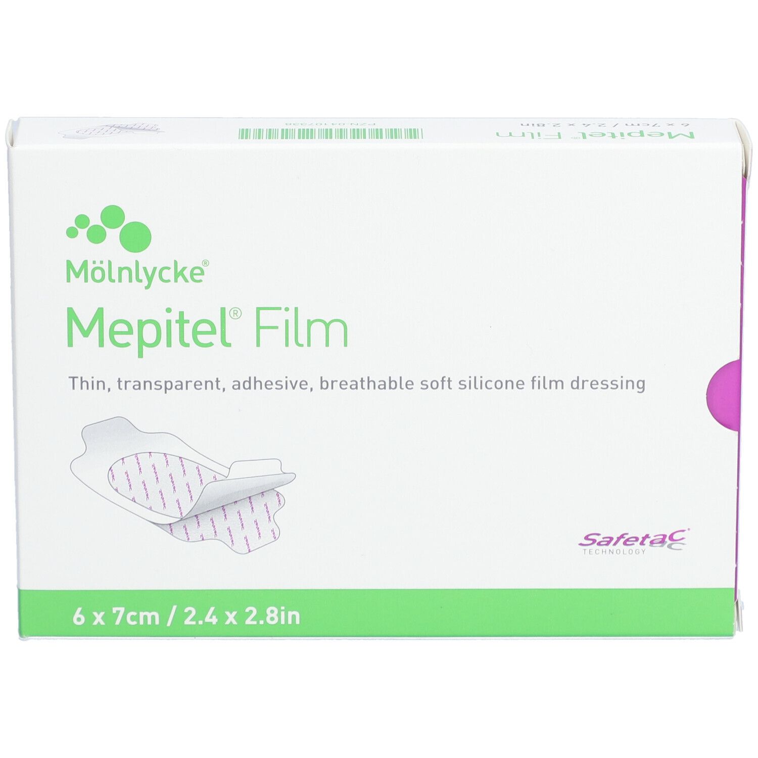 Boîte de Mepitel Film. Pansement film 6x7cm. Marque et nom du produit visibles.