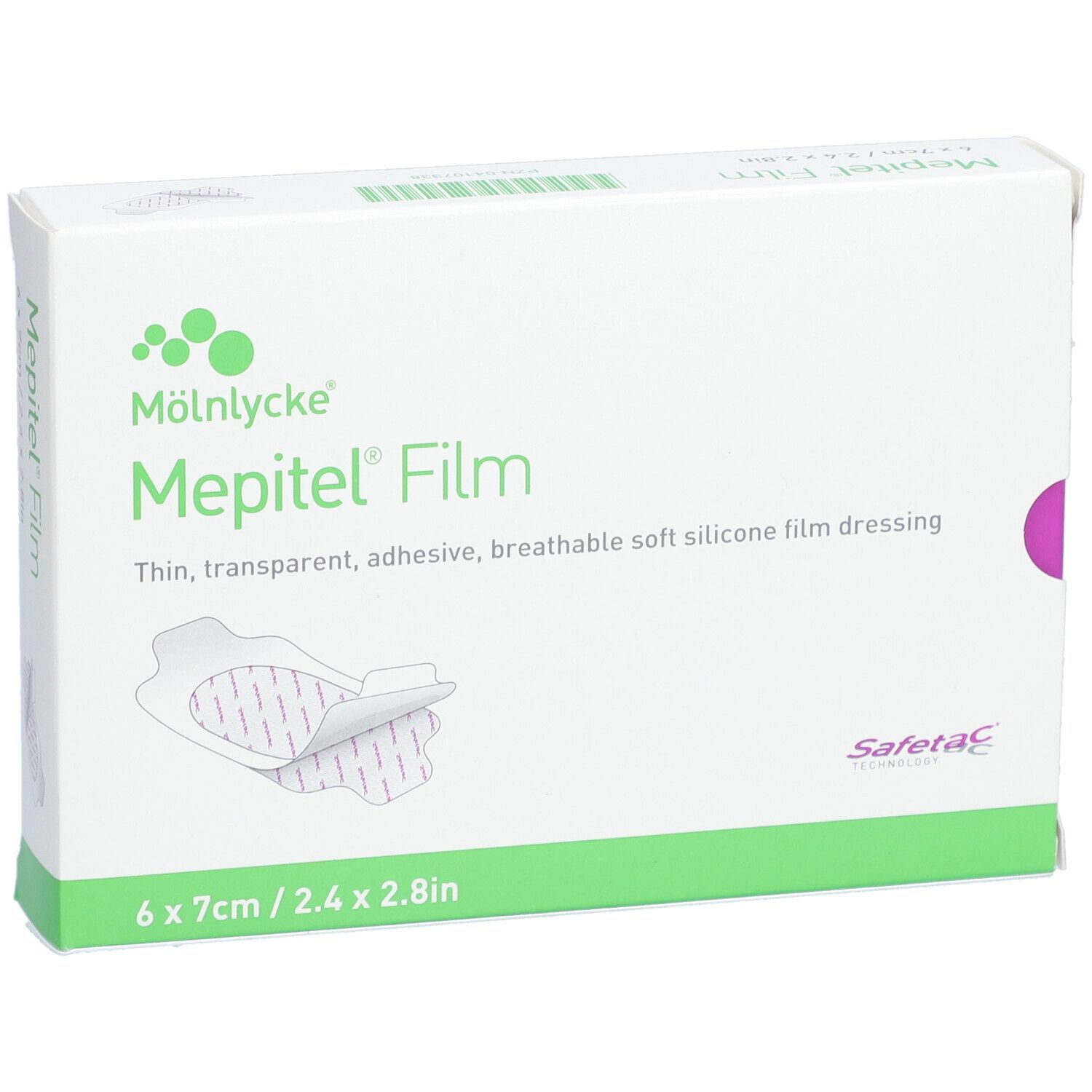 Boîte de Mepitel Film. Pansement film 6x7cm. Marque et nom du produit visibles.