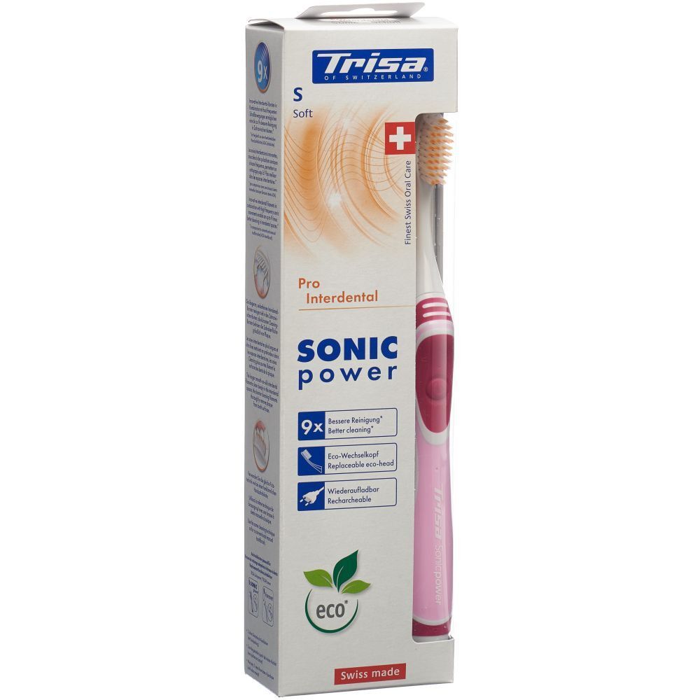Zahnbürste in Verpackung. Rosa Griff, hellbraune Borsten. Marke: Trisa. Aufschrift: Sonic Power Pro Interdental.