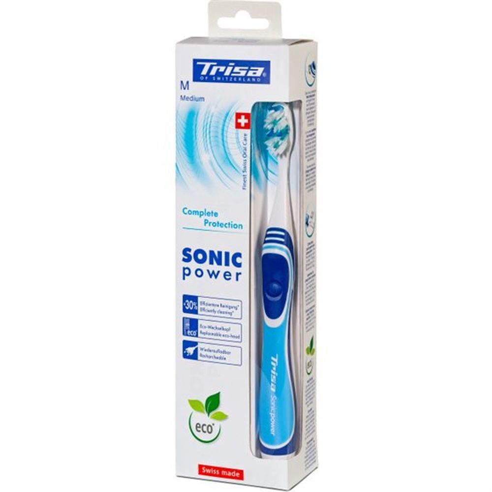 Zahnbürste in Verpackung. Blaue Bürste mit weißem Kopf. Aufschrift: Sonic Power, Complete Protection, Swiss Made.