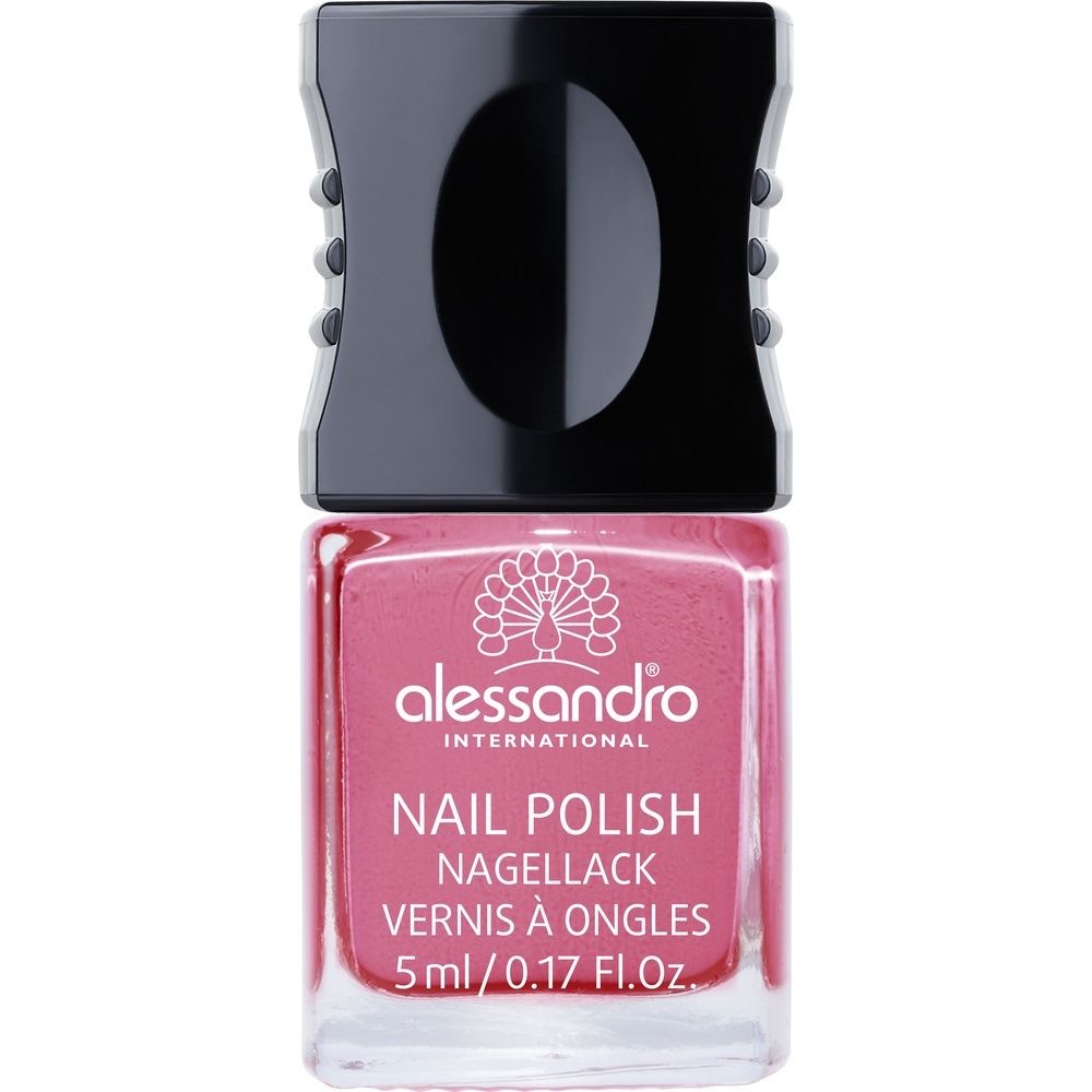 Nagellackflasche mit rosa Inhalt. Schwarzer Deckel mit Logo und Schriftzug. Aufschrift: Alessandro, Nail Polish, Nagellack, Vernis à Ongles.
