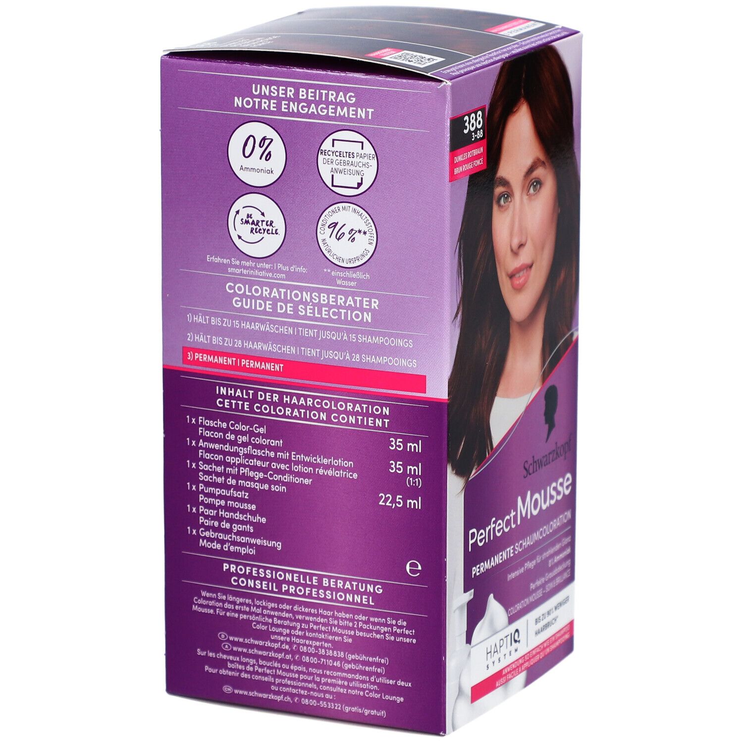 Rückseite der Perfect Mousse Box. Enthält Informationen über Inhaltsstoffe, Farbauswahl und Inhaltsangaben. Mit Produktabbildung.