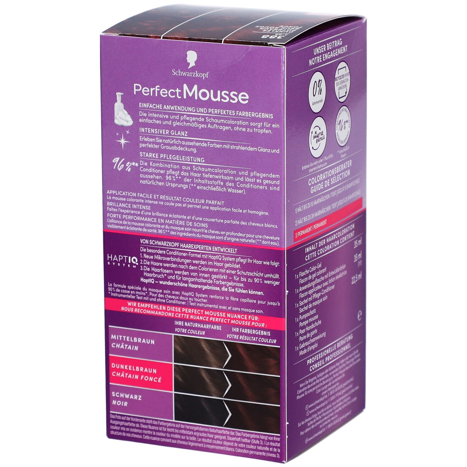 Perfect Mousse Box. Enthält Informationen über einfache Anwendung, Glanz und Pflege. Mit Farbauswahl und Produktabbildung.
