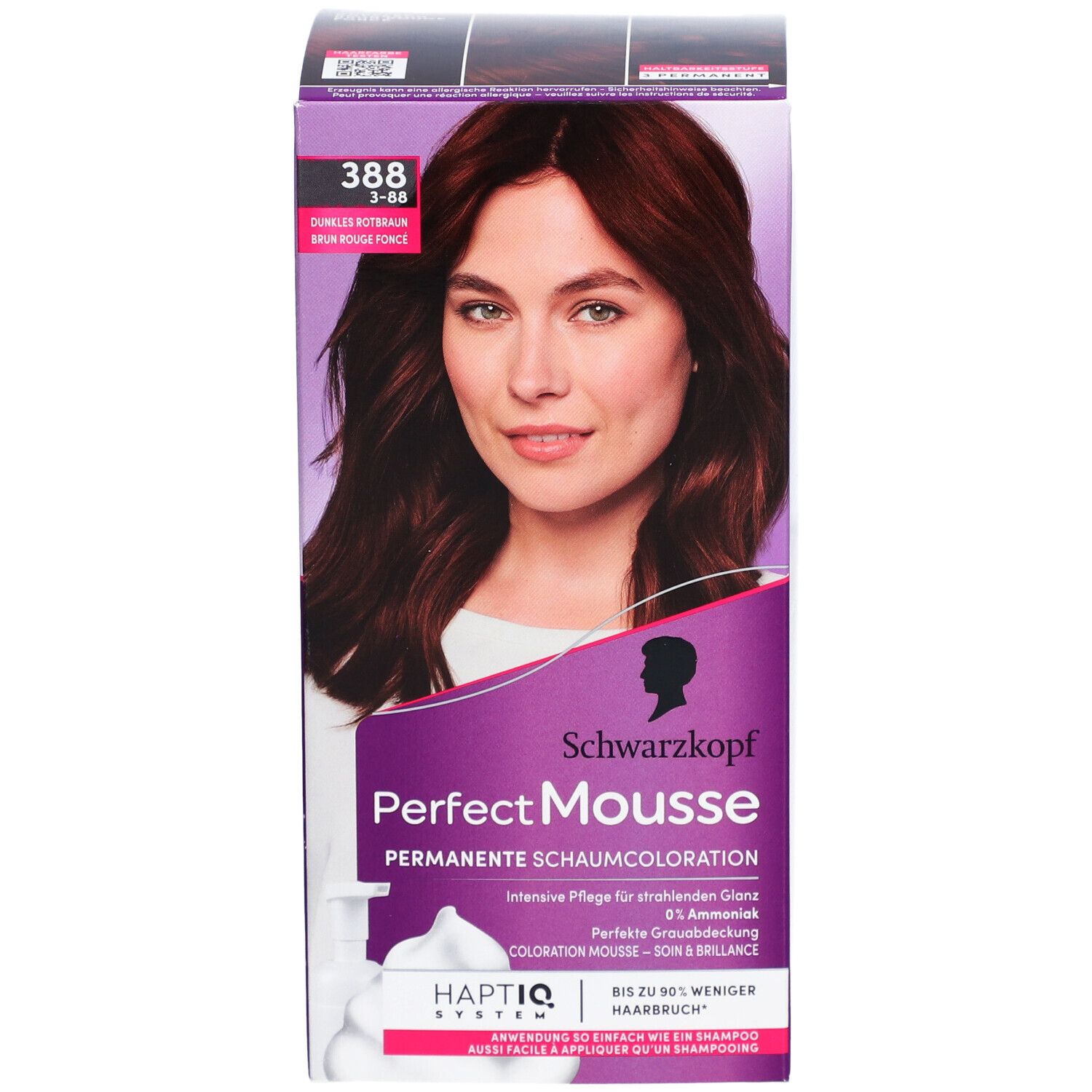 Schwarzkopf Perfect Mousse 388 Dunkles Rotbraun. Box mit Produktabbildung und Frau. Enthält Informationen und Anweisungen.