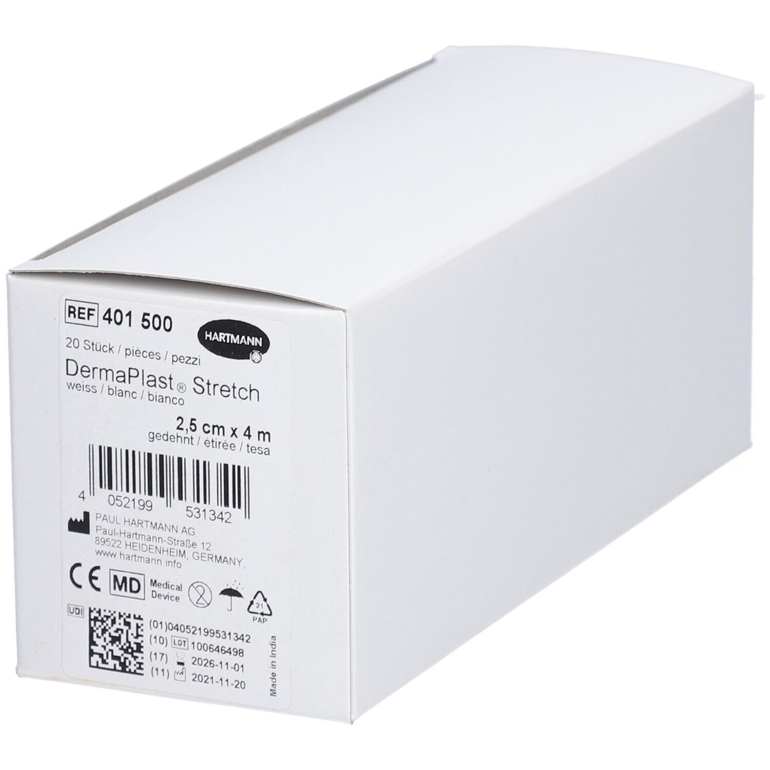 Weiße Verpackung von HARTMANN Dermaplast® Stretch Gazebinde. Aufdrucke: REF 401 500, 20 Stück, 2,5 cm x 4 m, Hartmann Logo, Barcode, CE-Kennzeichnung.