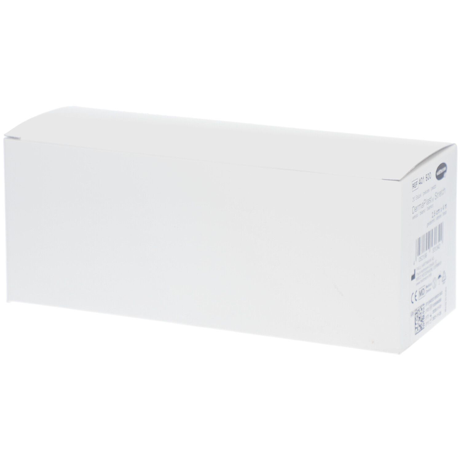 Weiße, rechteckige Verpackung von HARTMANN Dermaplast® Stretch Gazebinde. Aufdrucke sind kaum sichtbar. CE-Kennzeichnung.