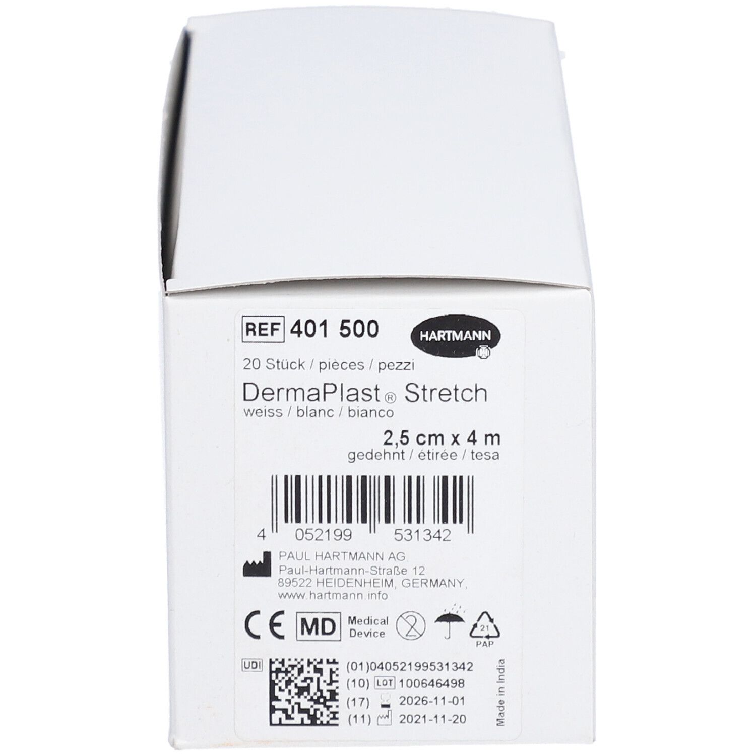 Verpackung von HARTMANN Dermaplast® Stretch Gazebinde. Aufdrucke: REF 401 500, 20 Stück, 2,5 cm x 4 m, Hartmann Logo, Barcode, CE-Kennzeichnung.
